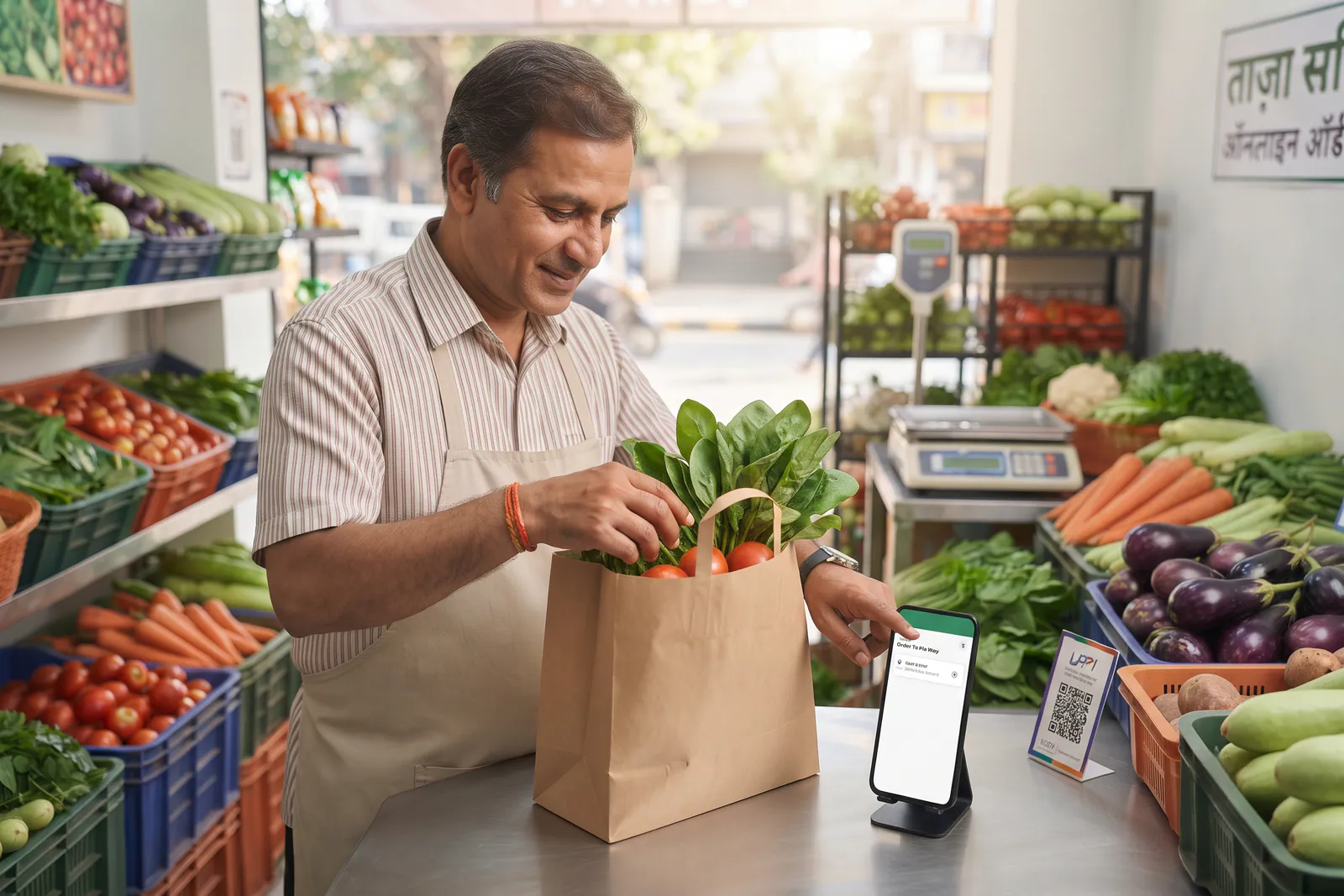 Vegetable shop owner updating product catalogue on a smartphone in a sabzi shop
