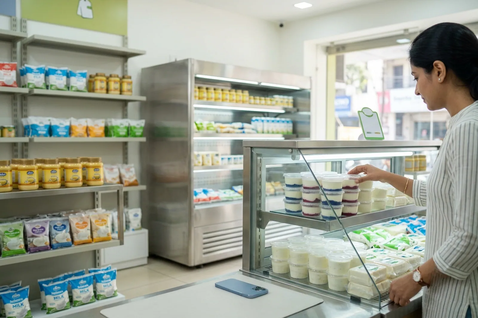 Dairy shop owner organizing fresh milk pouches and managing orders on a smartphone
