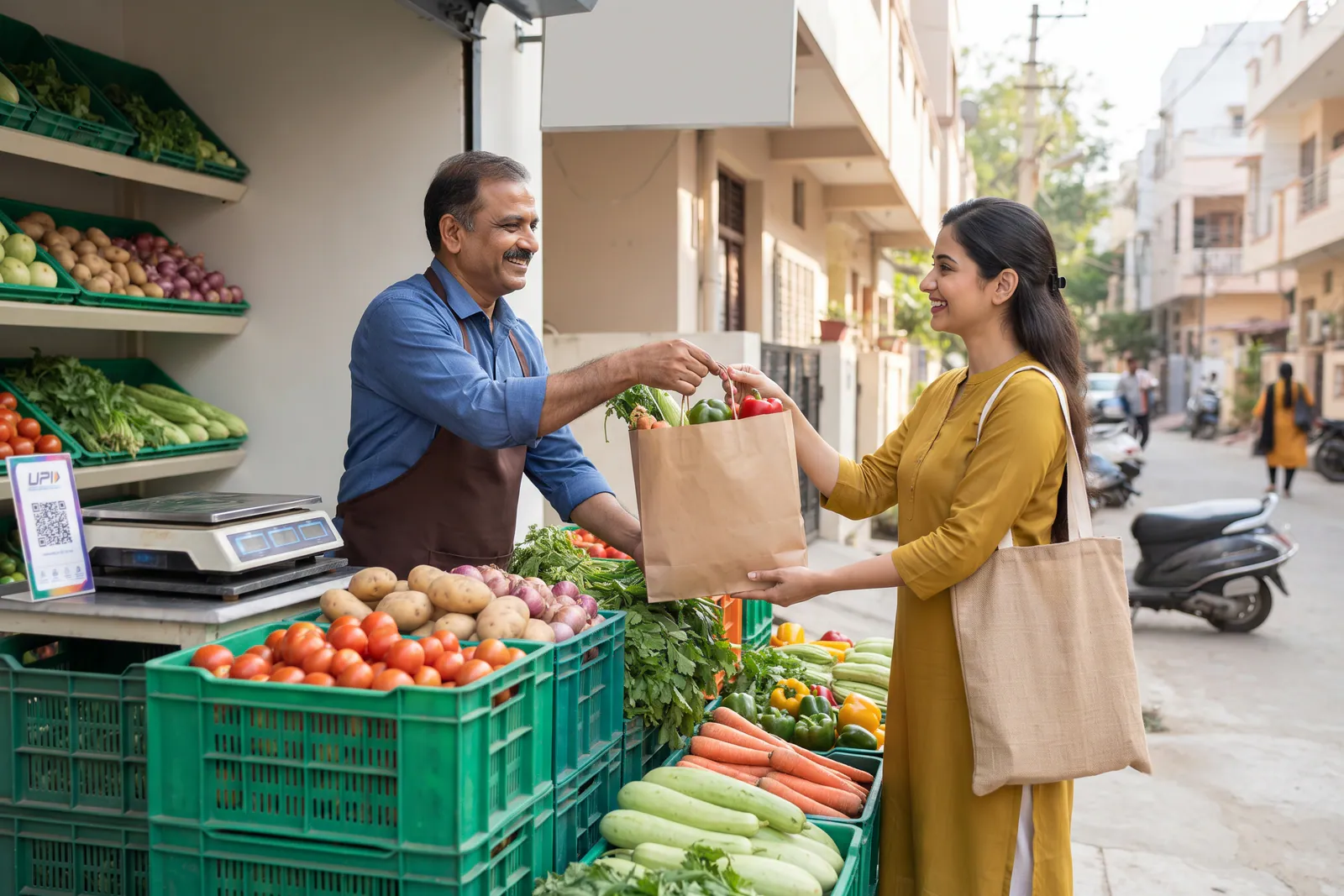 Vegetable vendor handing over a labelled produce bag to a repeat neighbourhood customer