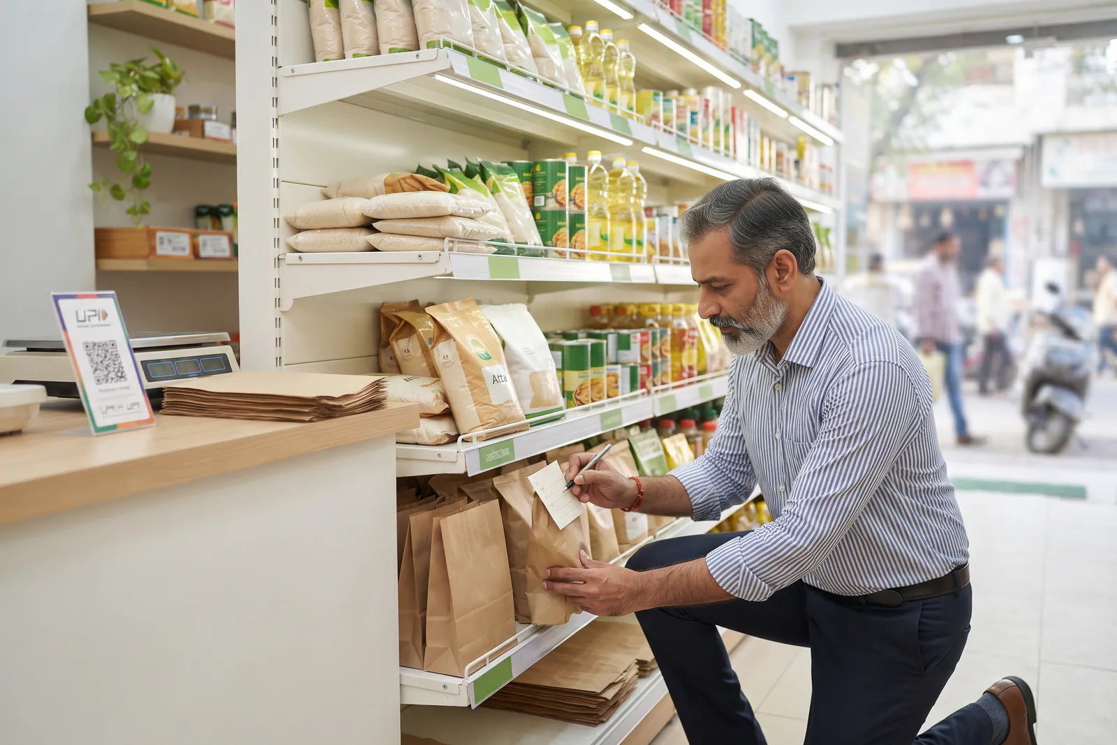 A neighbourhood grocery store owner checking inventory levels on a shelf