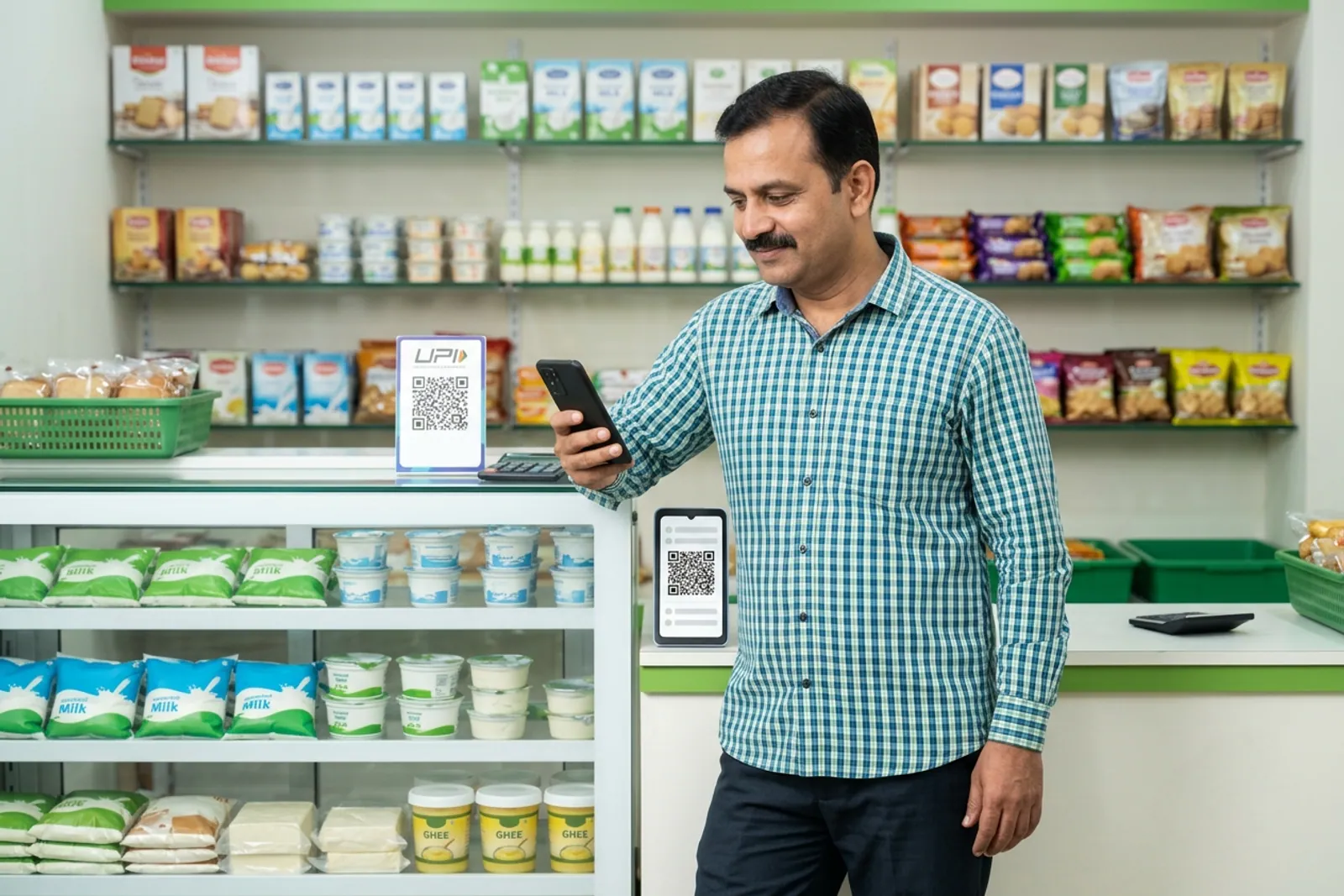 Neighbourhood shopkeeper managing digital orders on a smartphone in a bright Indian store