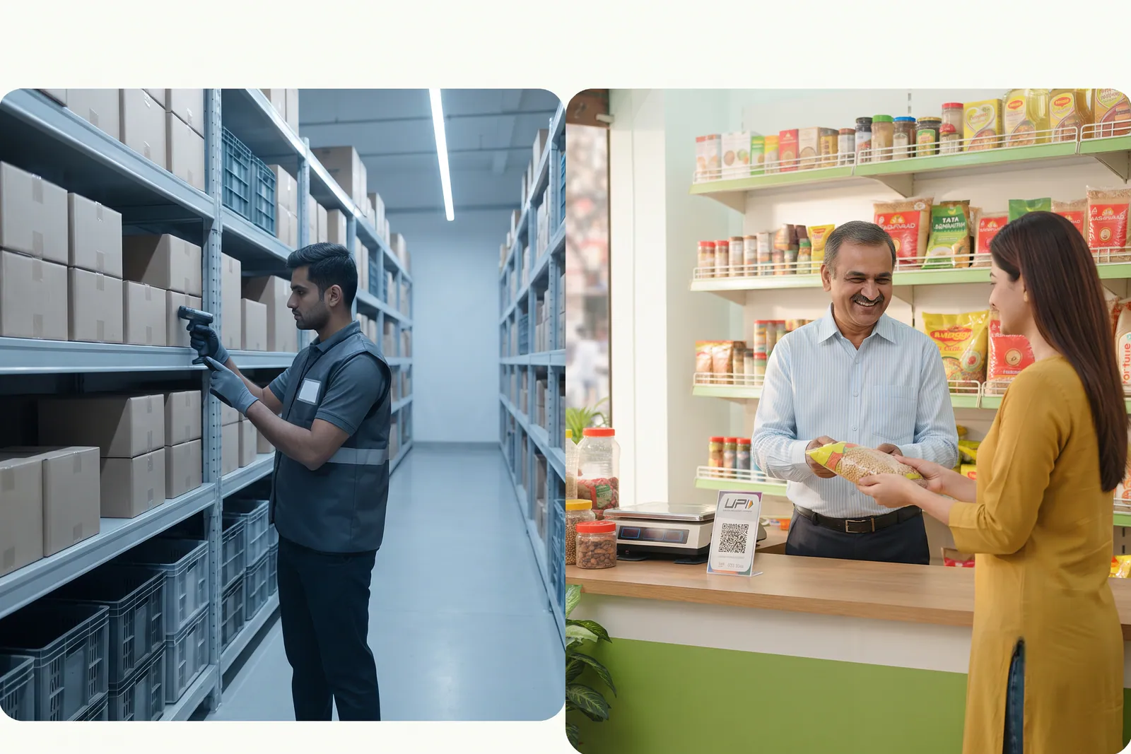 Comparison graphic showing dark store warehouse aisle versus a friendly neighbourhood kirana shop counter.