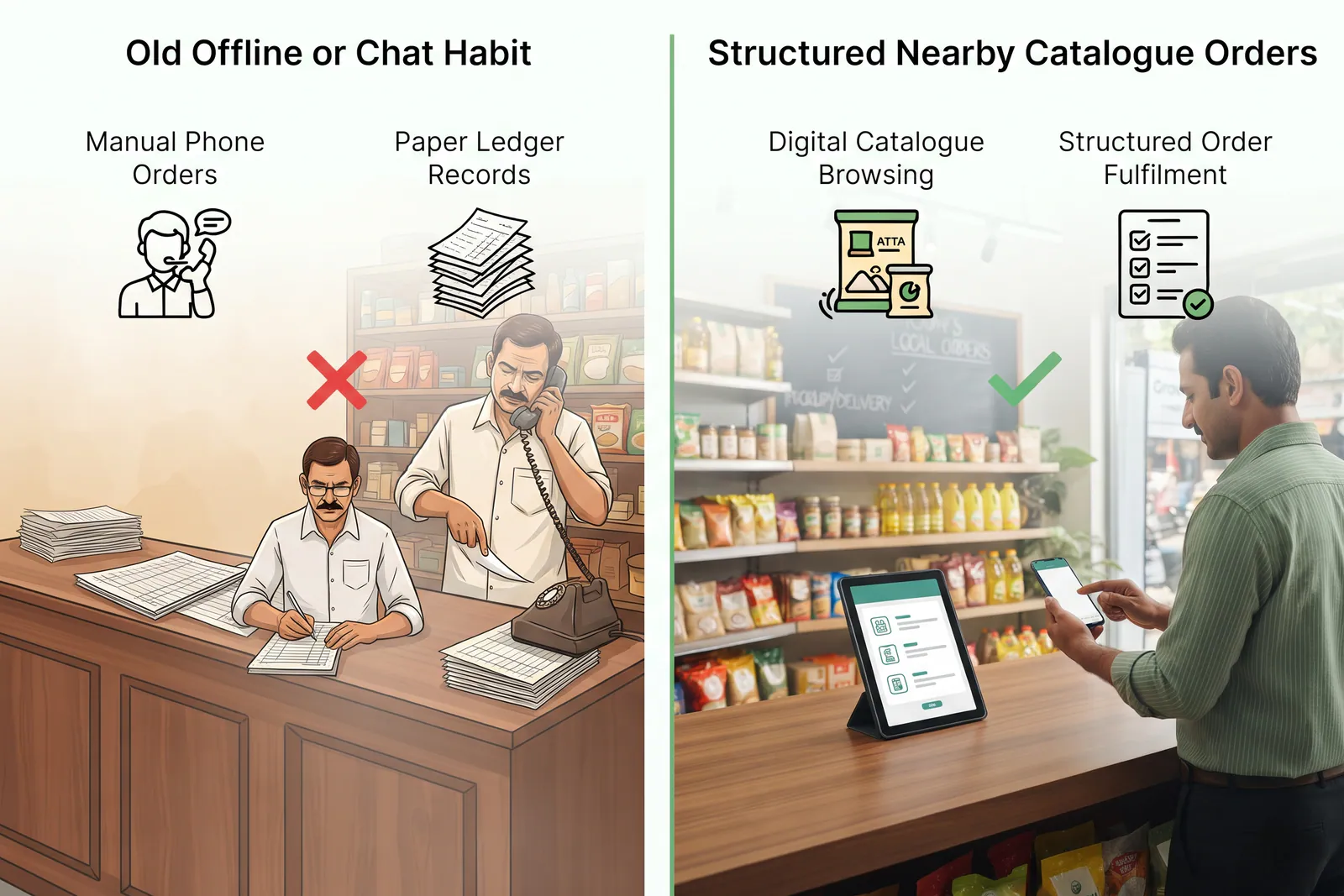 Comparison showing a traditional counter alongside a modern digital storefront setup