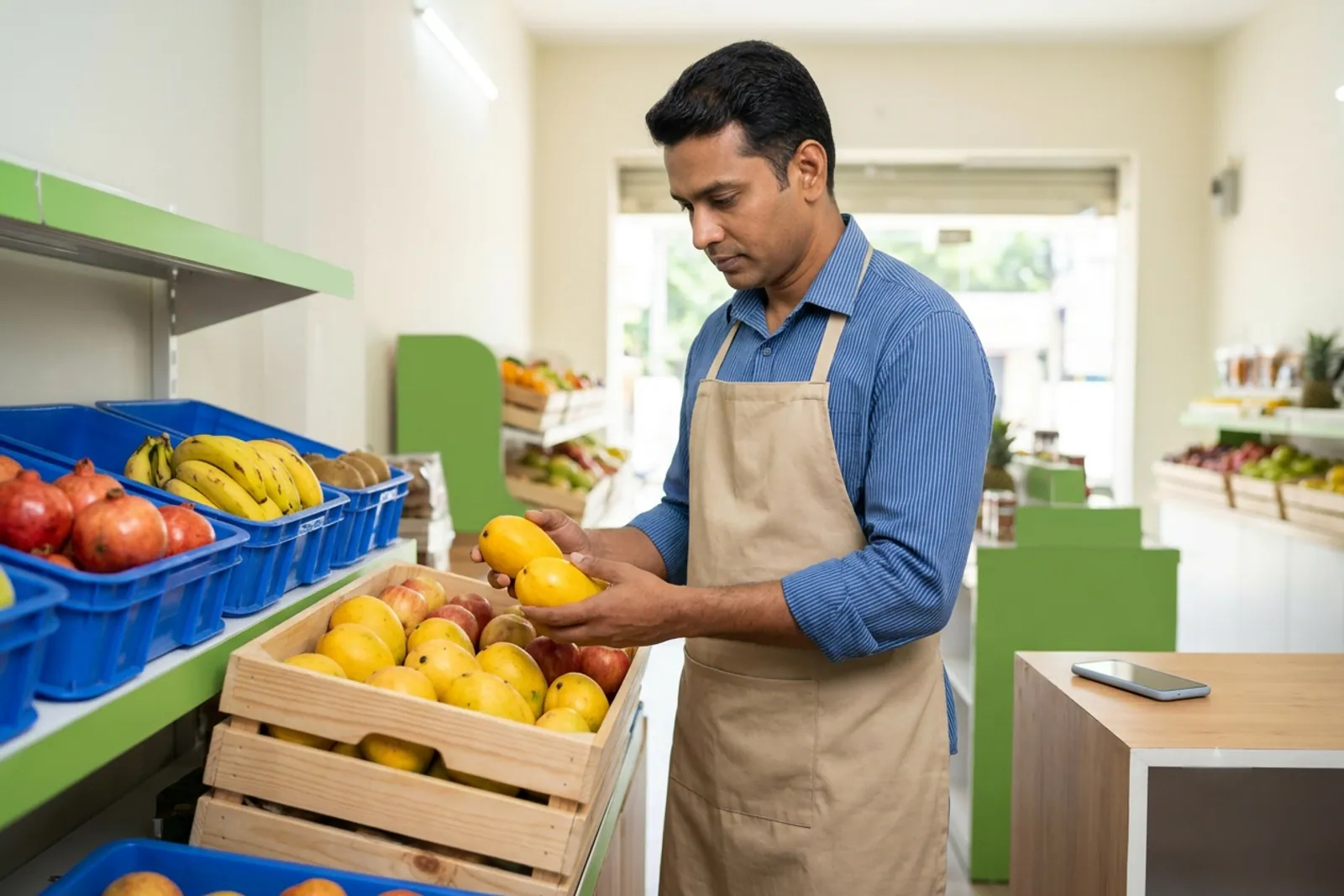 Shopkeeper inspecting seasonal fruits during a wholesale market visit