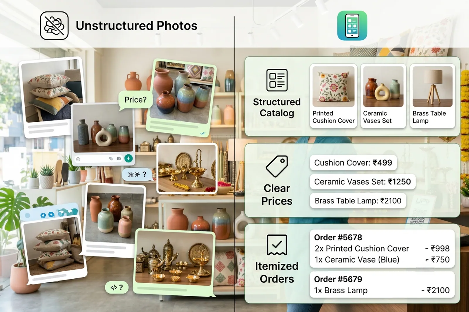 Comparison between unstructured chat-based decor orders and a structured online home decor shop workflow