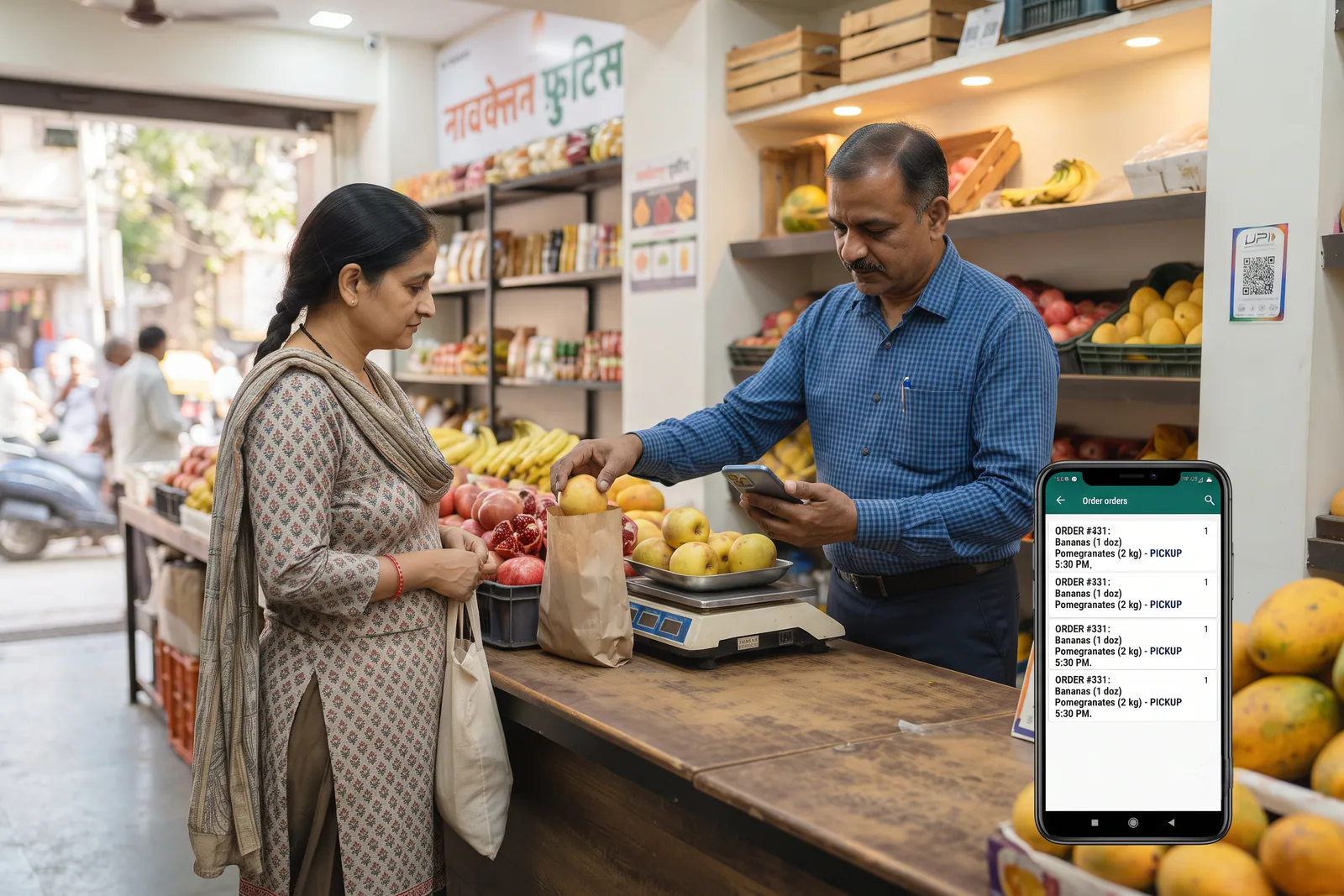 Fruit shopkeeper managing walk-in buyers and checking digital orders on phone