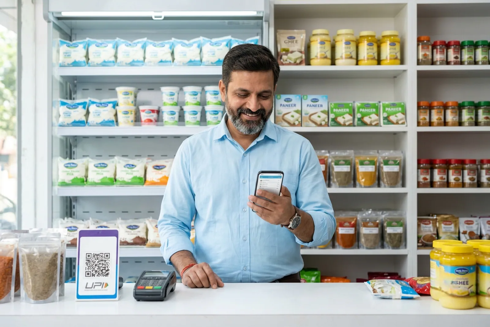 Local grocery shop counter in an Indian neighbourhood with fresh stock and digital payments