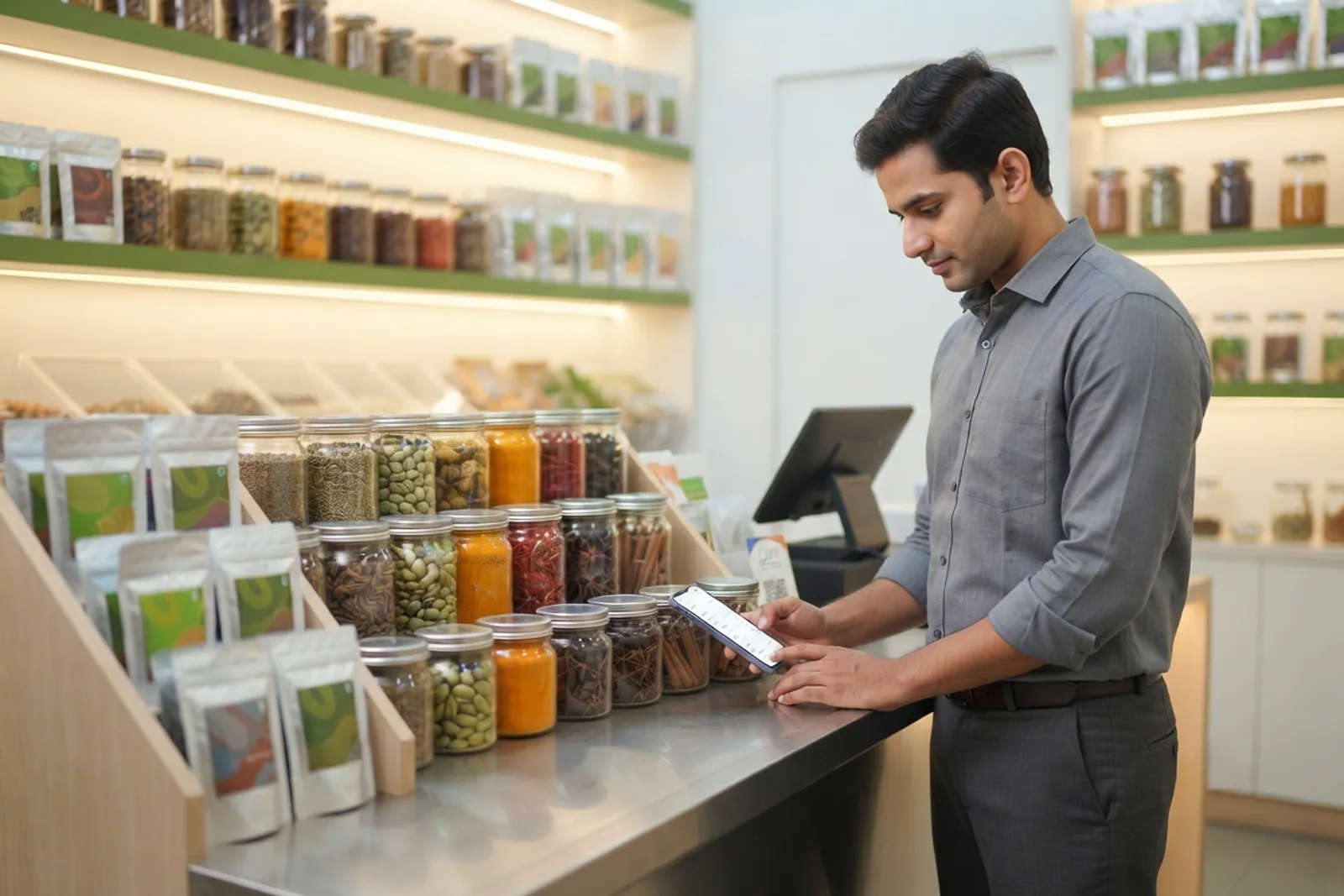 Shopkeeper managing an online spice shop catalog on a smartphone inside a brightly lit masala store