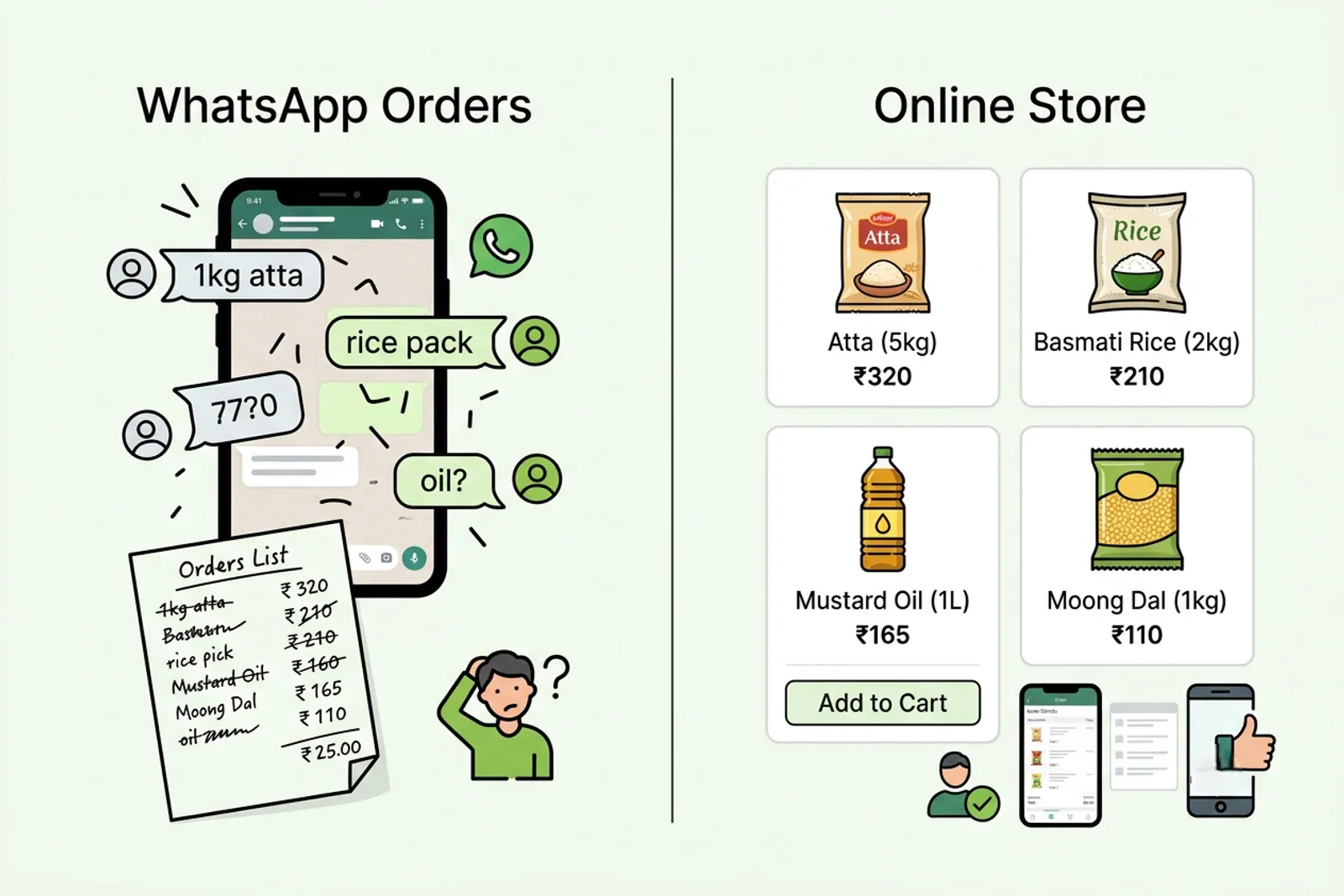 Comparison graphic showing chaotic WhatsApp chat lists versus organized online grocery shop catalog