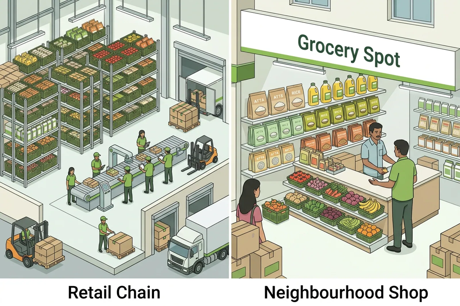 Comparison graphic illustrating corporate retail chain fulfilment versus independent neighbourhood shop counter fulfilment