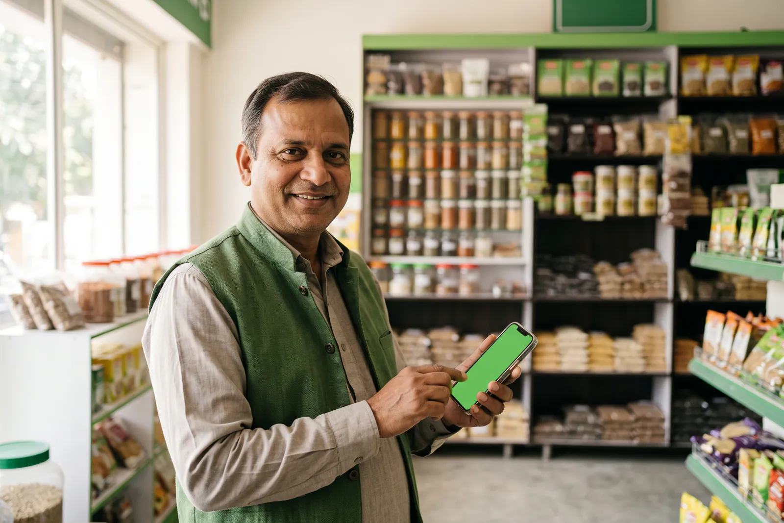 Neighborhood shop owner managing orders on a mobile app