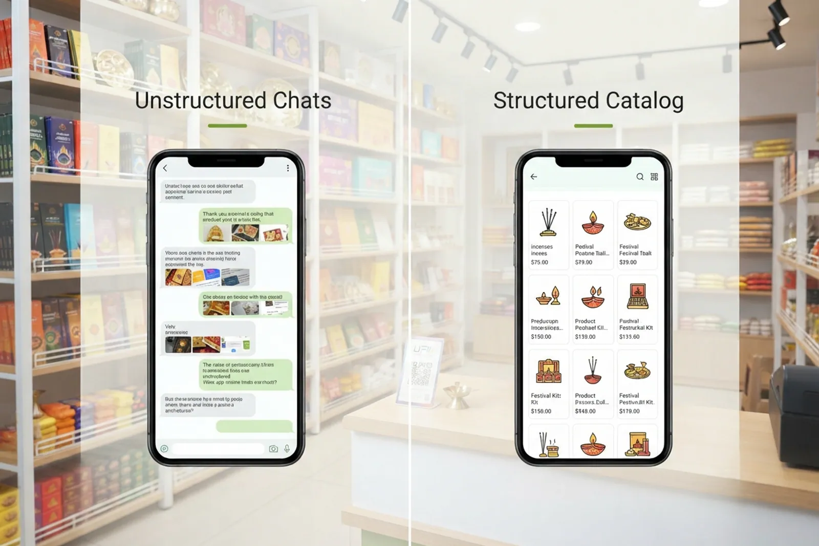 Comparison graphic showing messy chat orders versus a clean online pooja shop dashboard