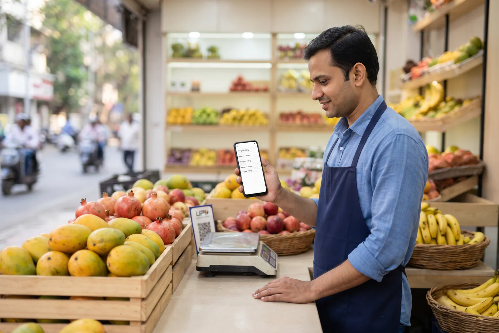 Managing fresh fruit catalogue and daily prices on a smartphone at a local shop counter