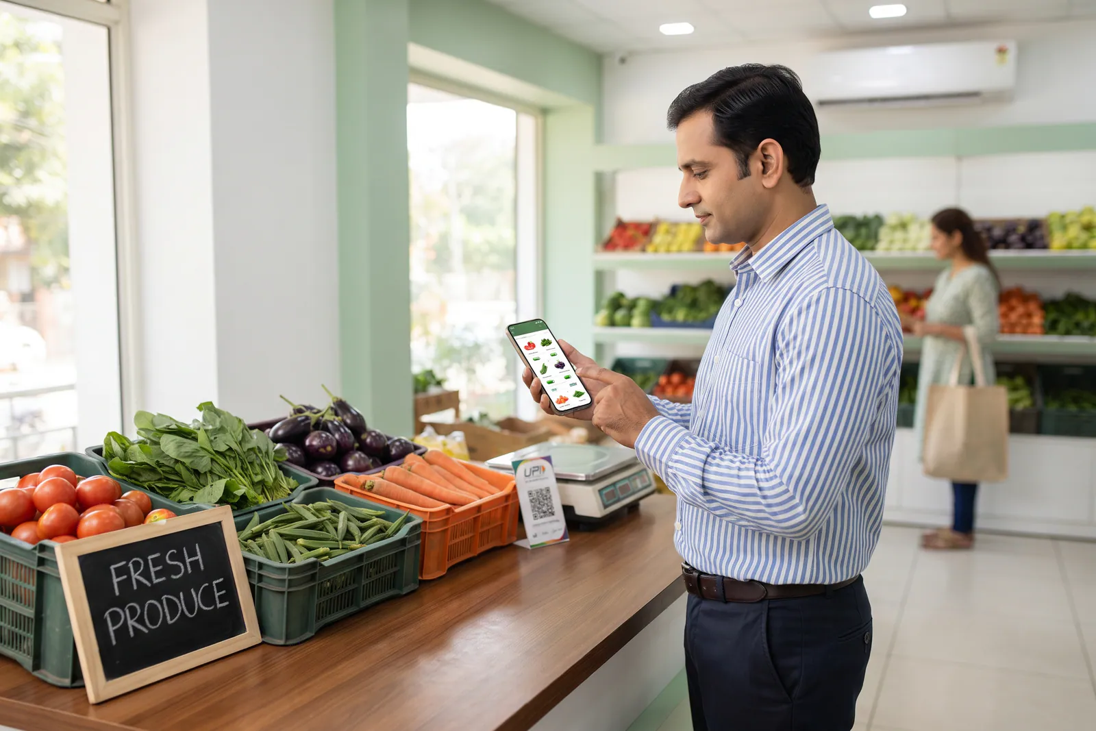 A fruit and vegetable shop display showing fresh produce organised for neighbourhood buyers