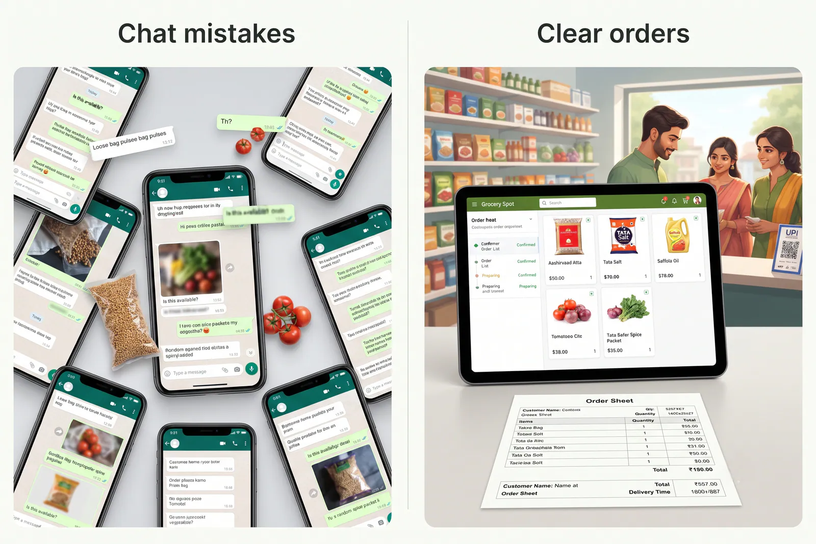 Comparison graphic showing messy WhatsApp chat threads versus an organised digital order list