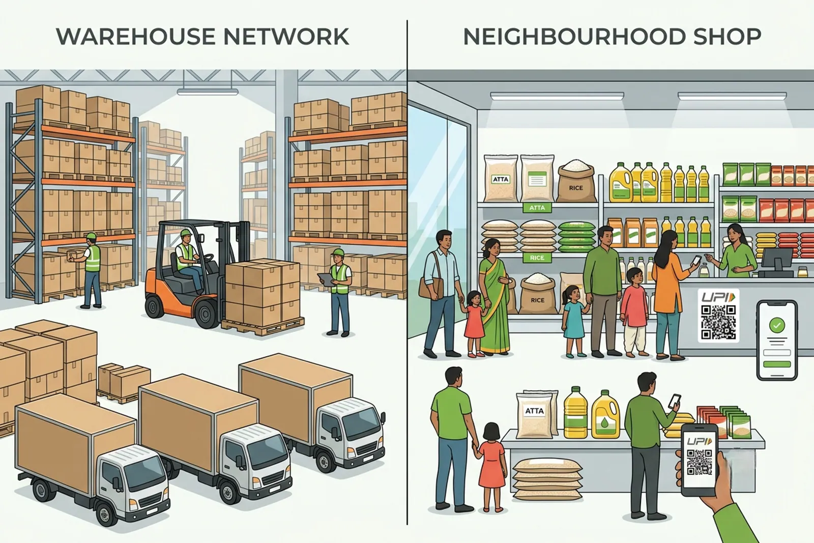 Comparison graphic showing warehouse inventory slots versus neighbourhood shop fulfilment