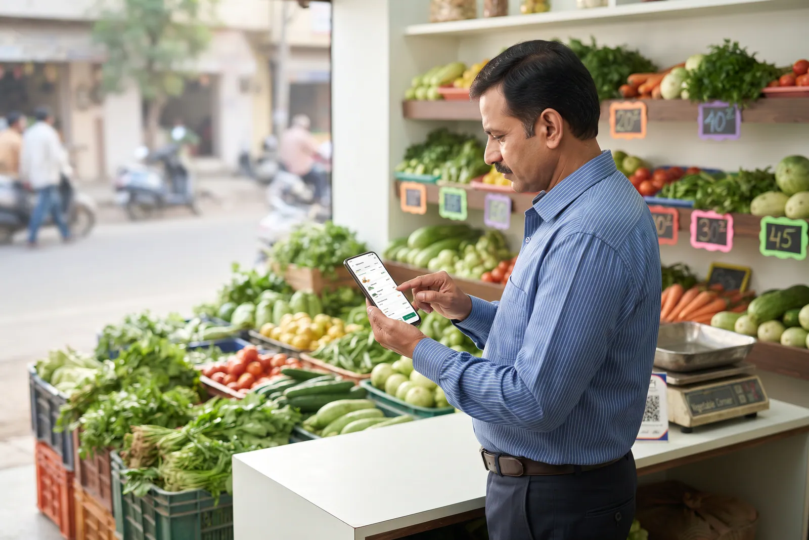 Vegetable vendor using mobile phone at counter beside fresh produce crates