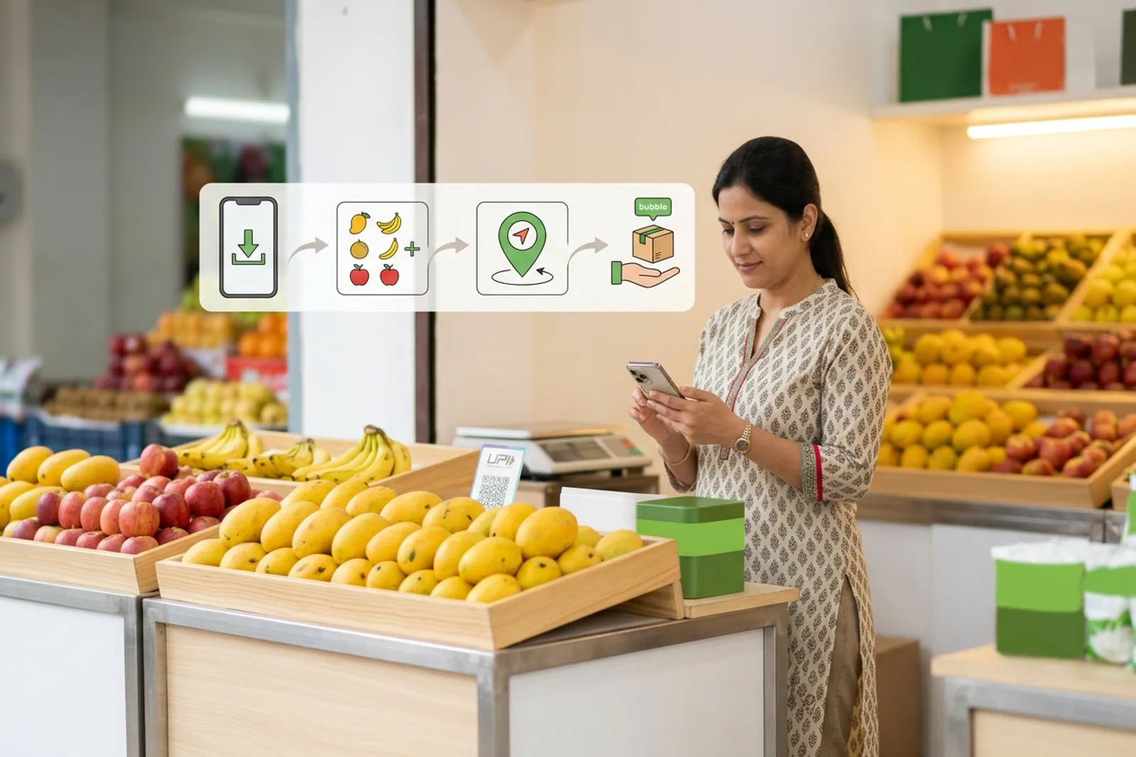 Process diagram showing steps to set up an online fruit shop on mobile