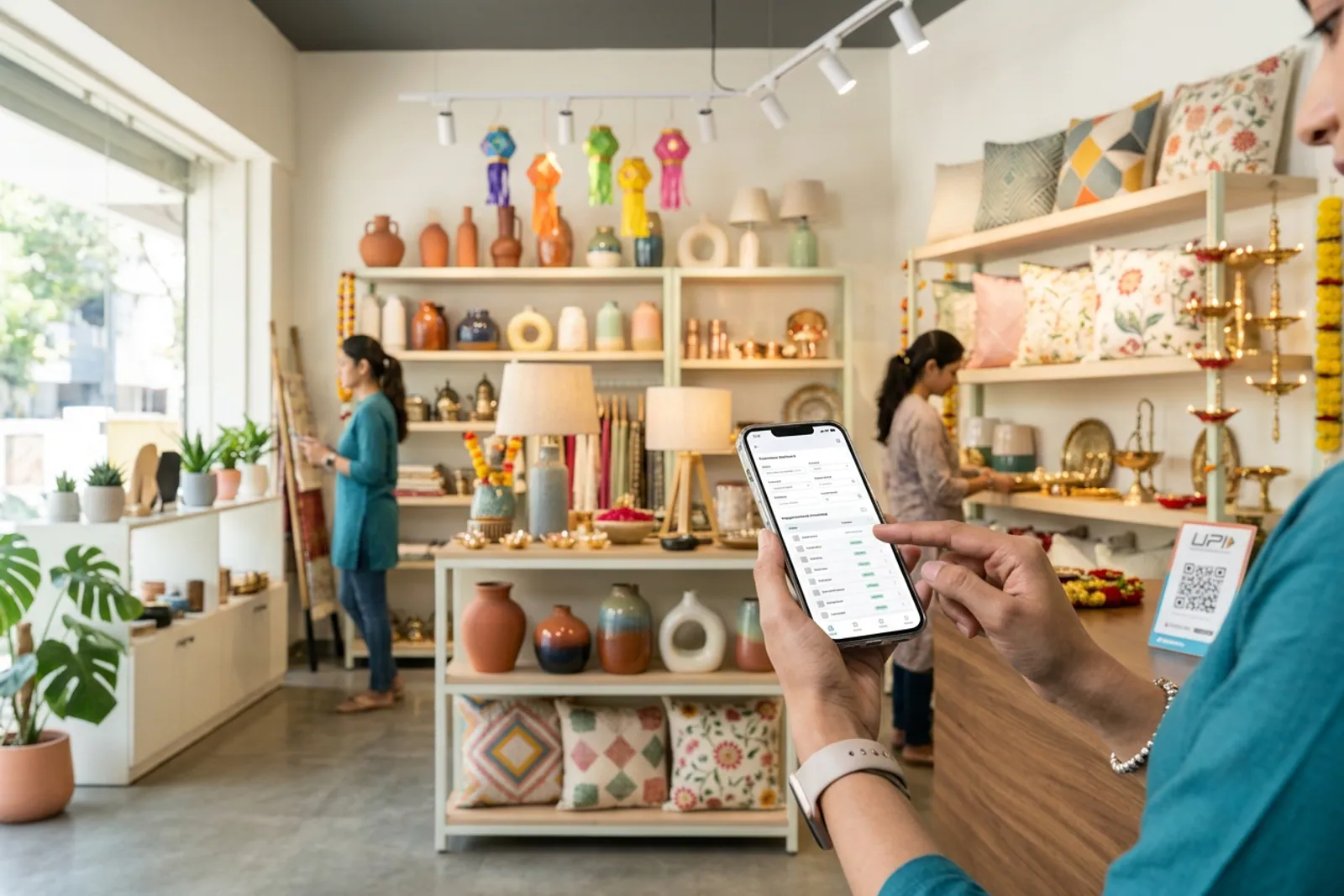 Shopkeeper adding decor items and pricing details into the mobile app catalog interface