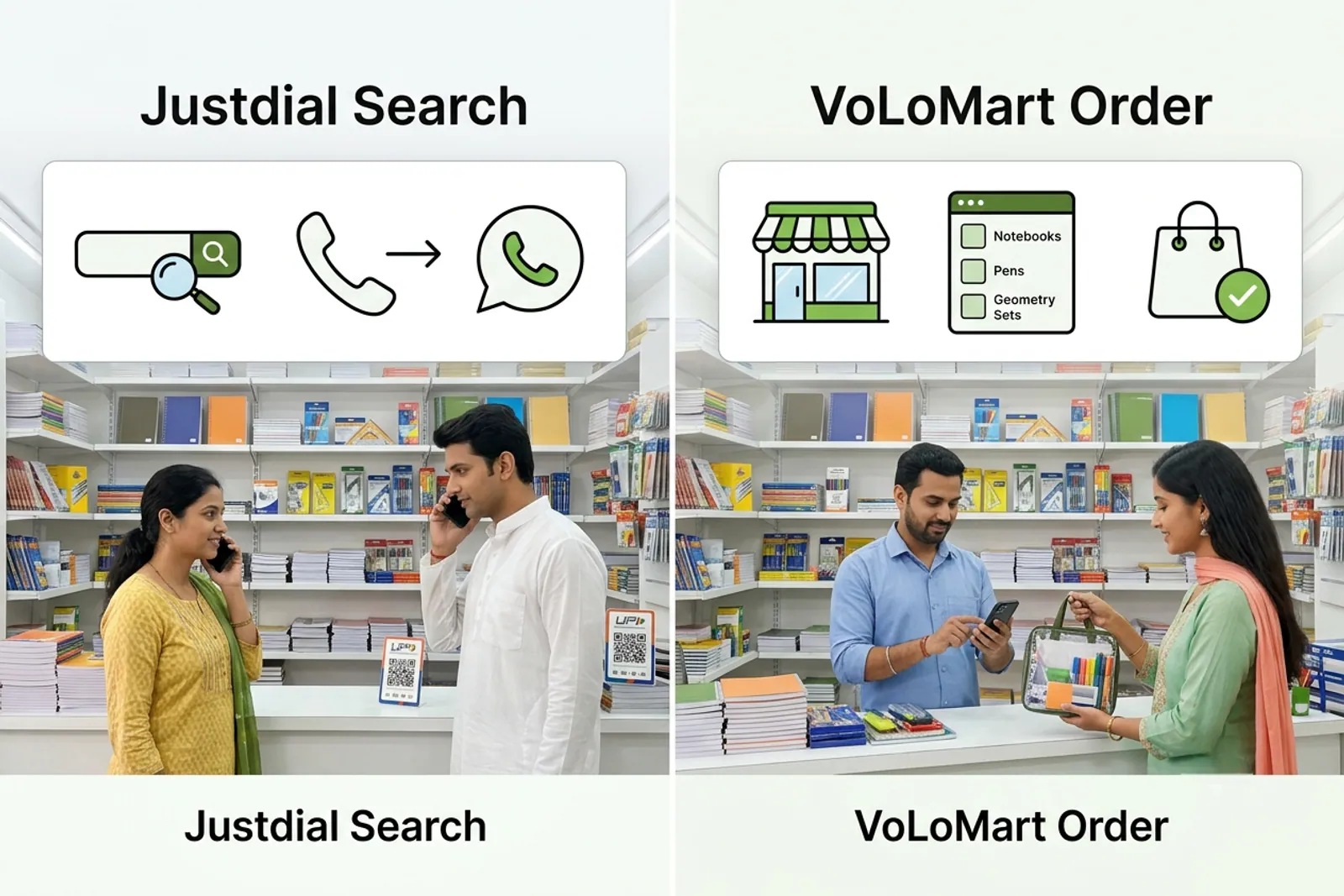 Comparison graphic showing Justdial search call workflow versus VoLoMart search and checkout workflow