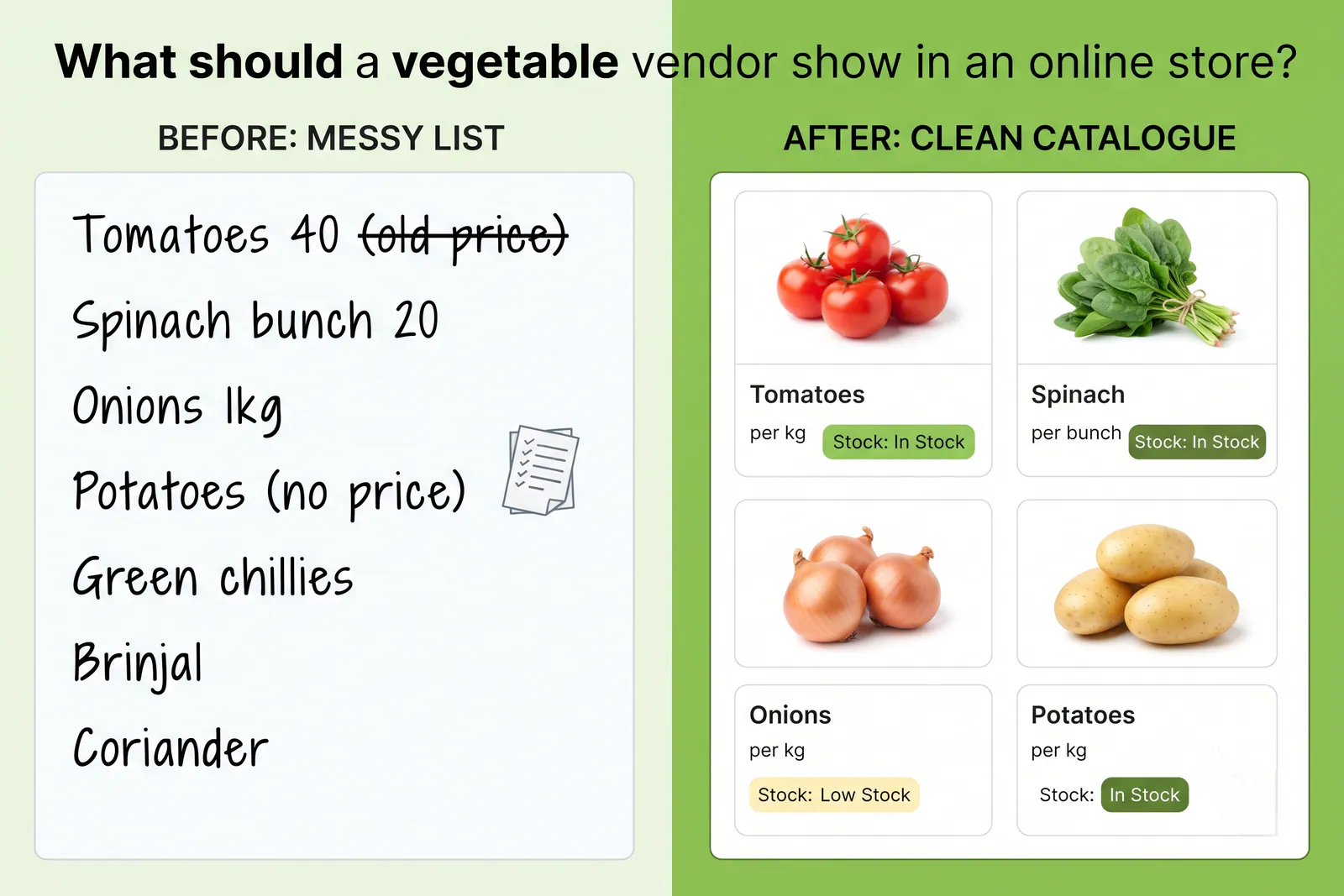 Comparison between outdated sabzi listing and clean active produce catalogue