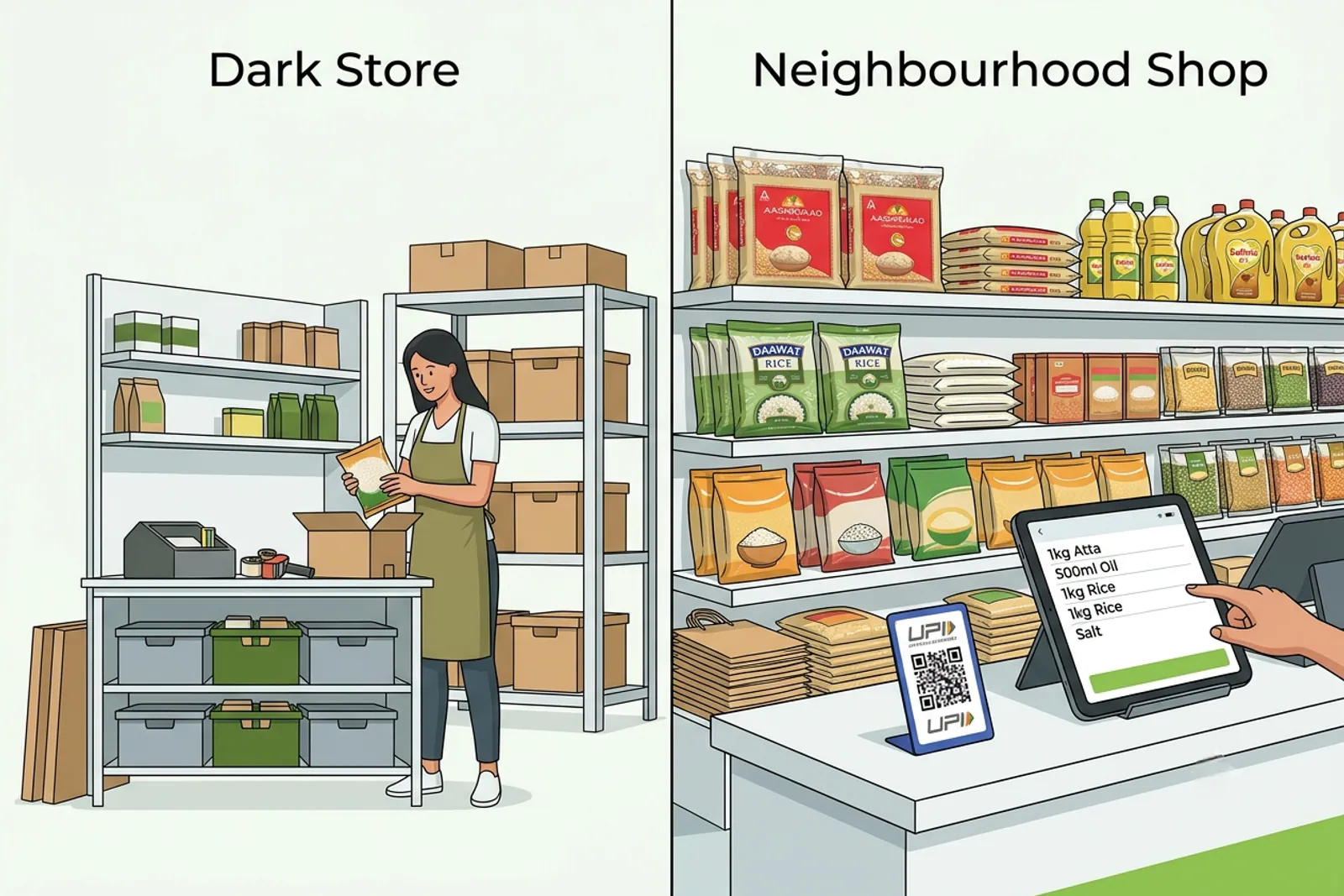 Comparison of dark-store quick commerce packaging versus neighbourhood kirana shop counter