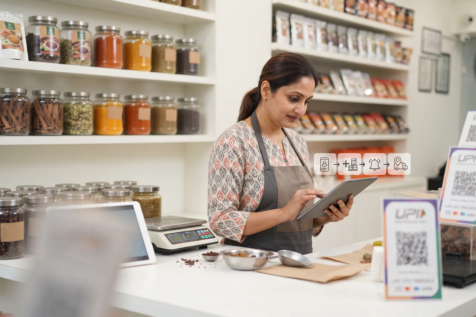 Kirana shop owner updating digital catalogue on a mobile device