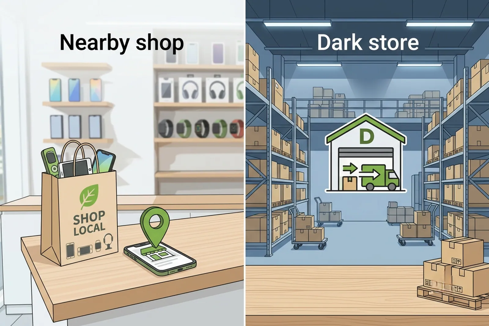 Comparison of nearby shop ordering and platform fulfilment
