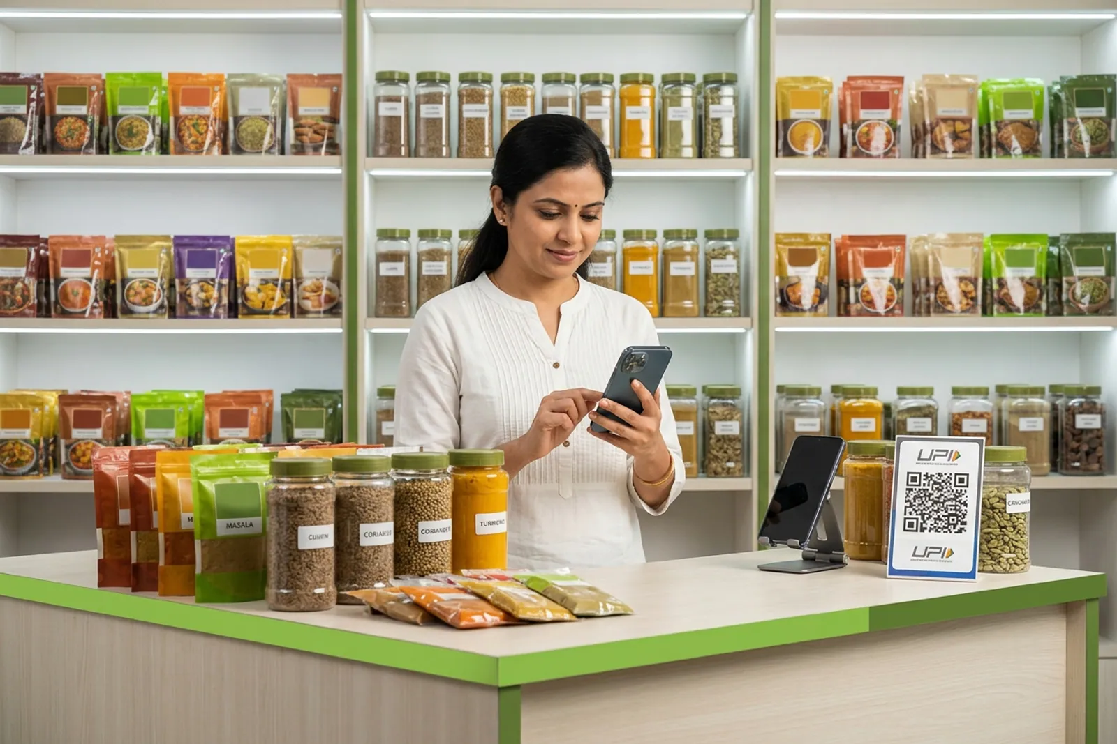 Local shopkeeper managing digital orders on a mobile app in an Indian market