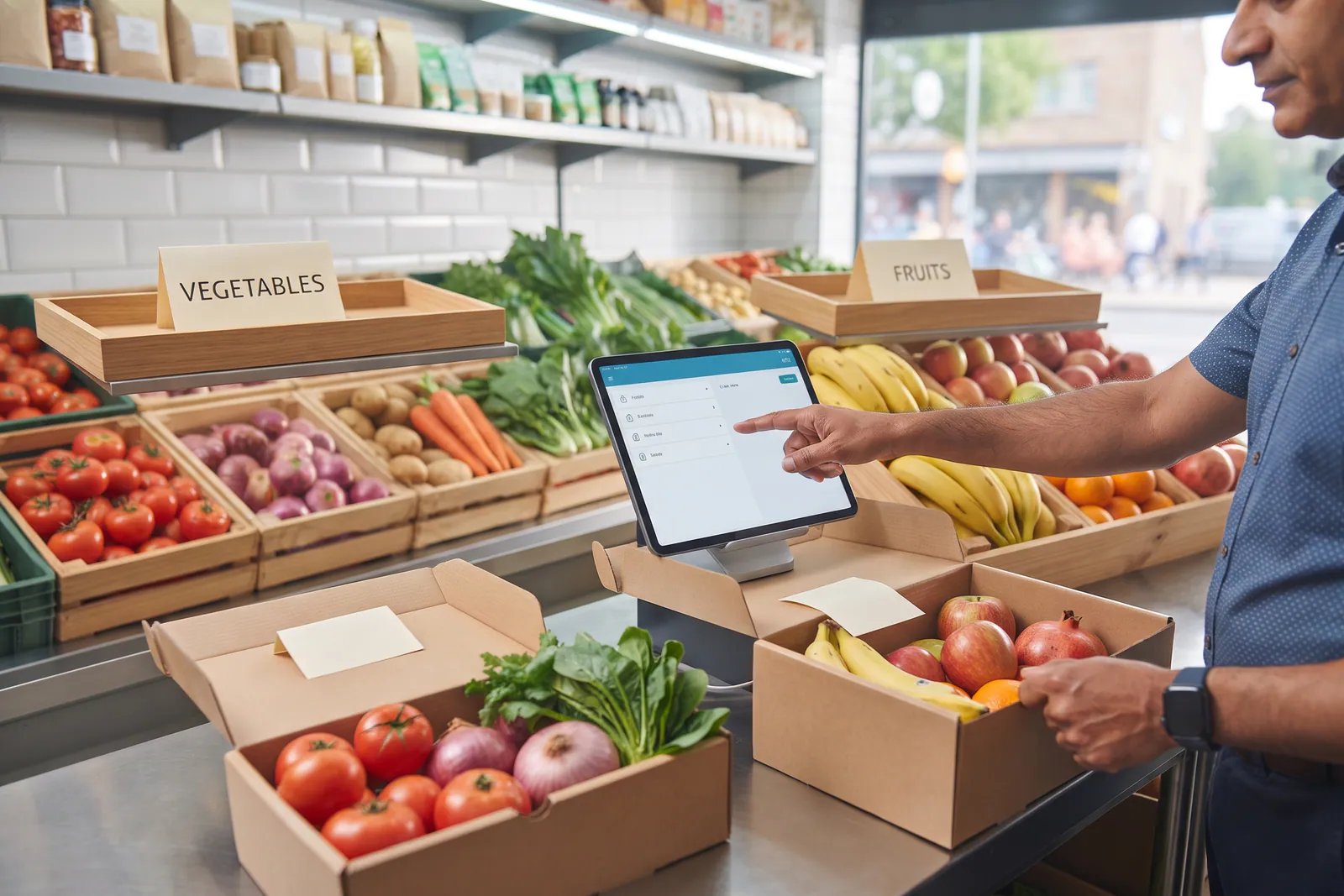 organising fruit and vegetable orders on a shop counter