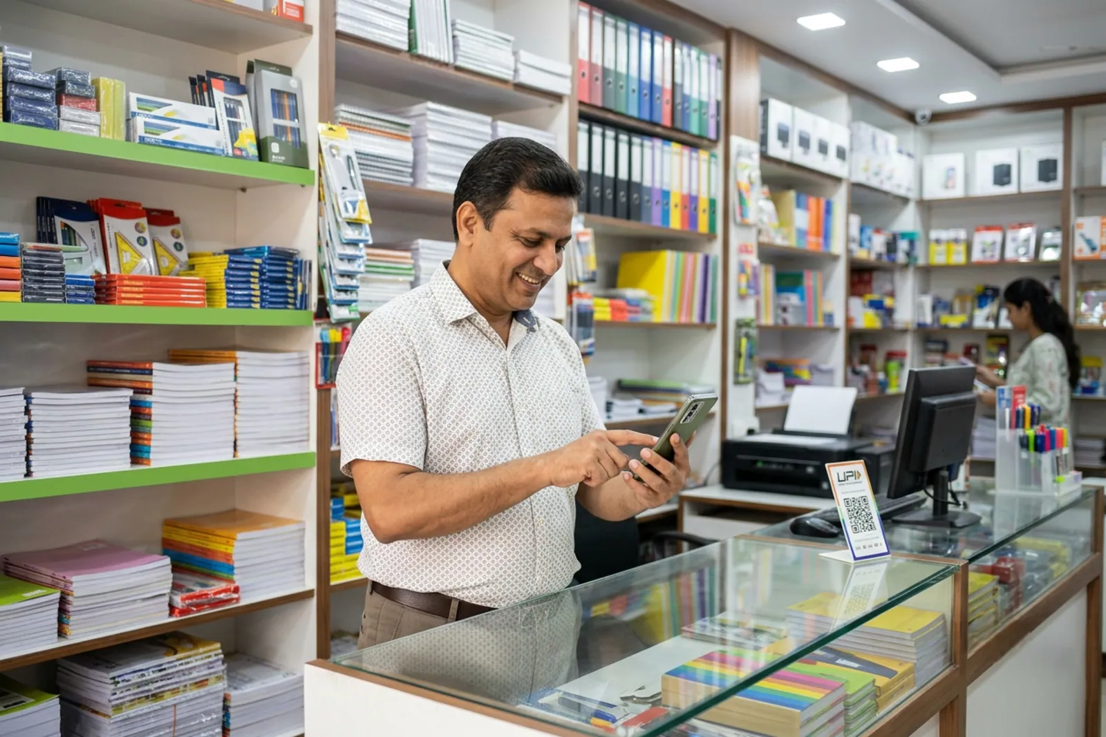 Neighbourhood shopkeeper checking structured digital orders on a mobile app in India