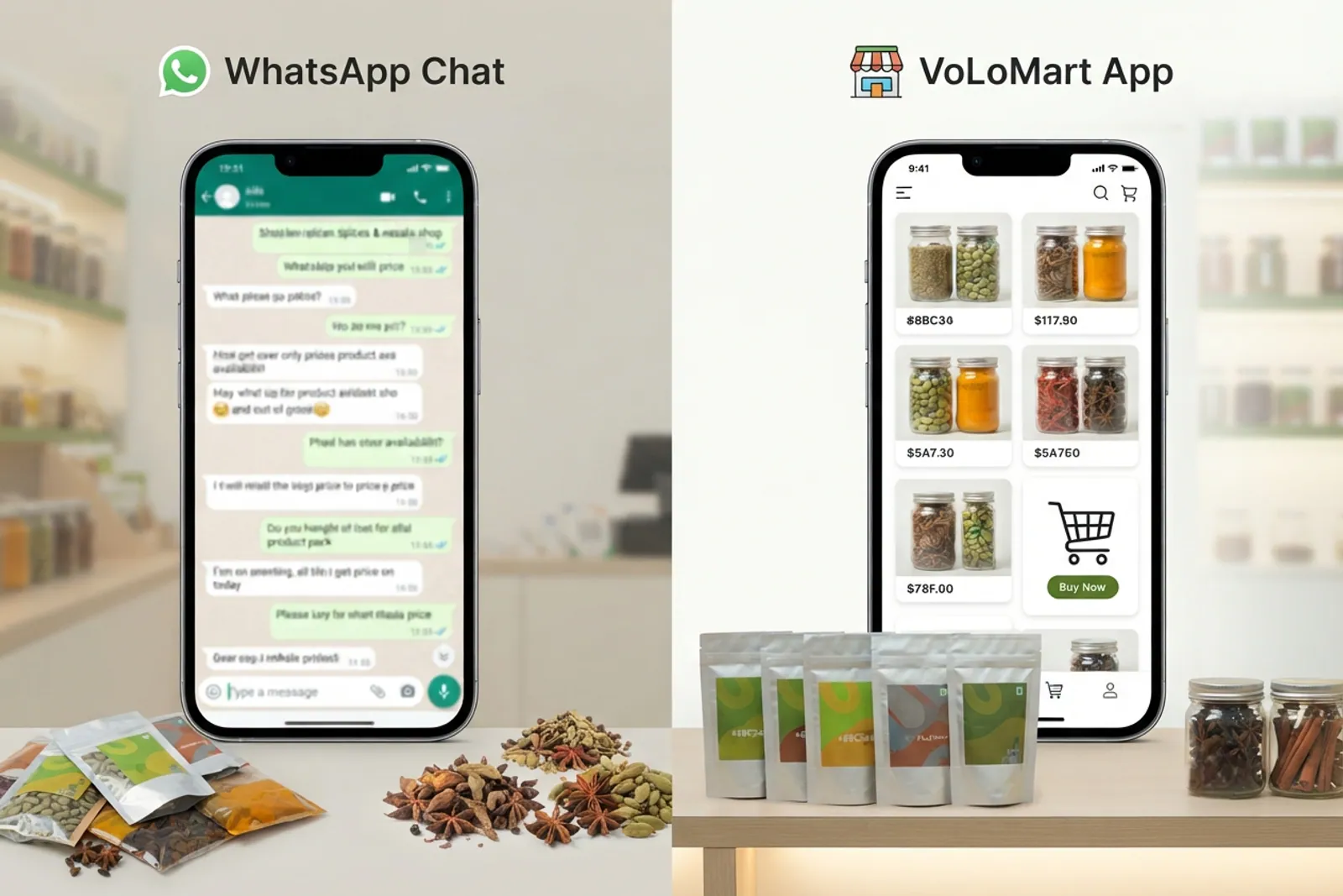 Comparison graphic showing messy chat threads versus a clean digital catalog for an online spice shop