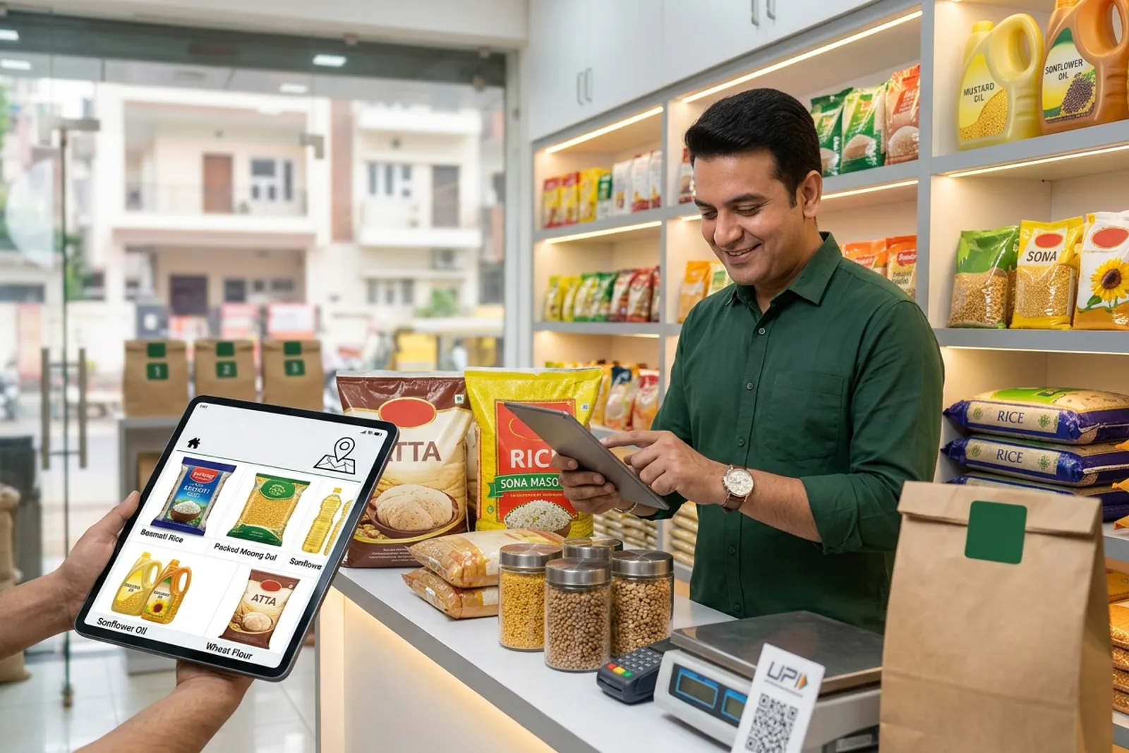 Shopkeeper updating digital product catalogue on mobile phone at store counter