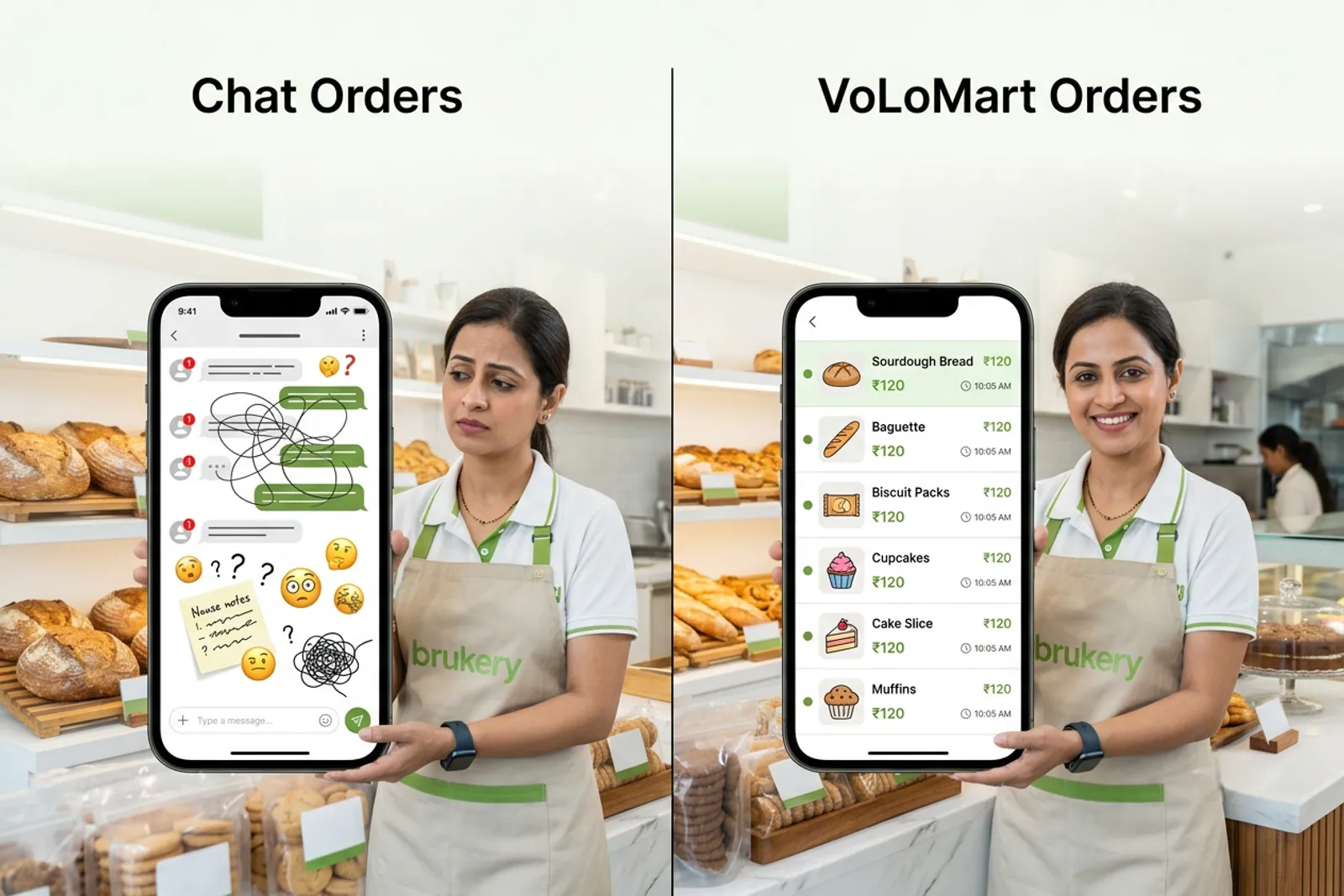 Comparison graphic showing messy chat orders versus clean structured orders for an online bakery shop