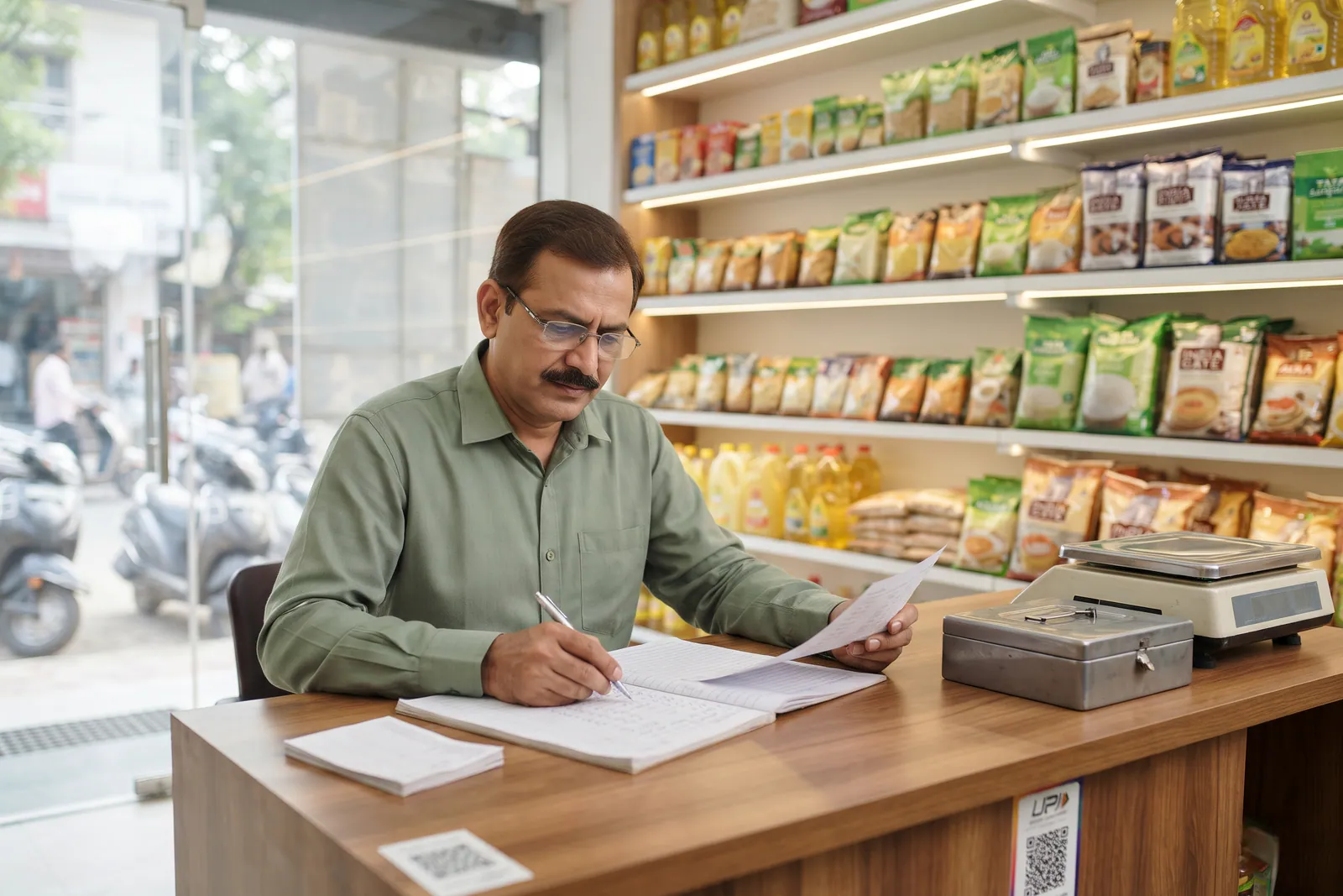 Shopkeeper organising notes for a grocery store budget at the counter