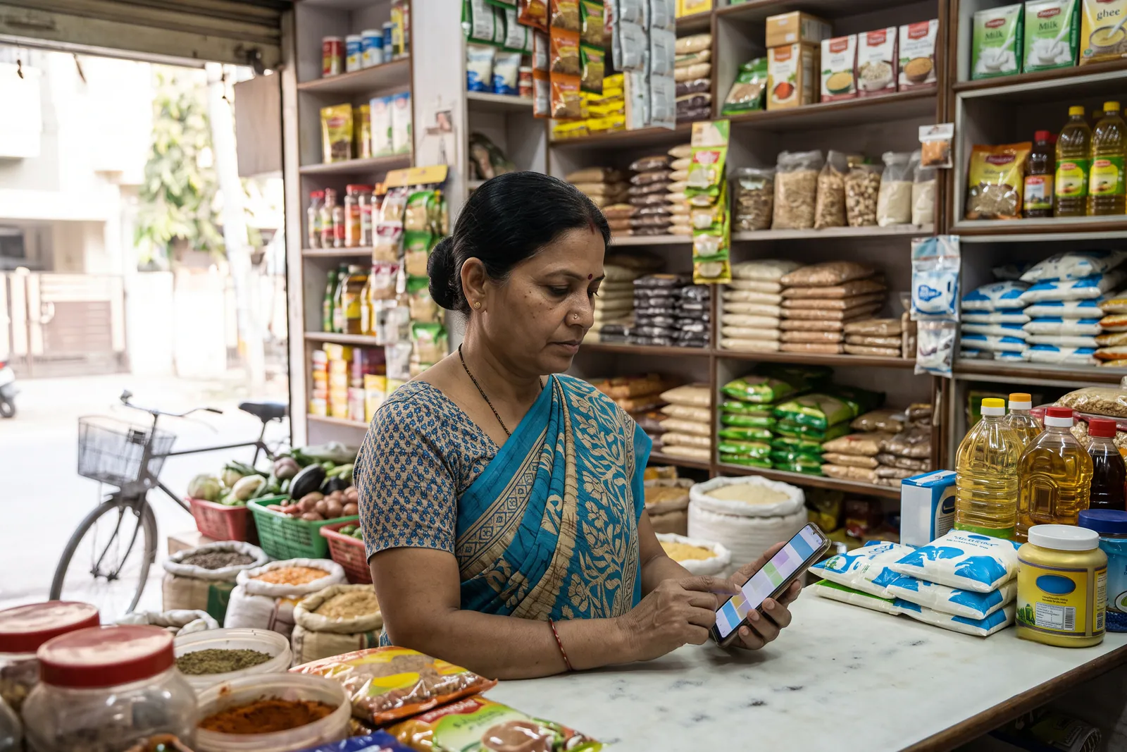 A friendly shopkeeper managing digital orders on a smartphone inside a vibrant neighborhood store.