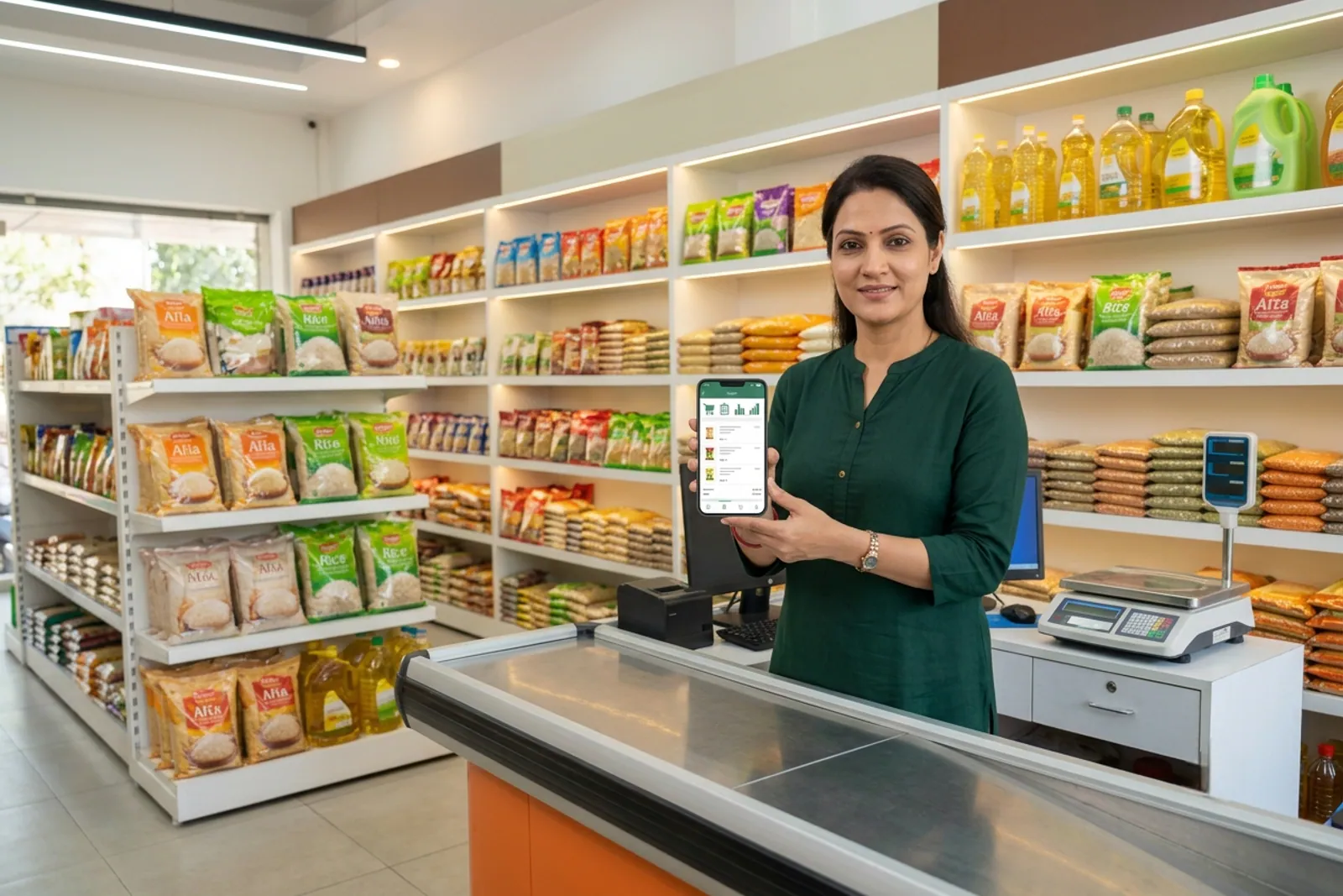 Shopkeeper using a mobile app to manage grocery orders in a clean neighborhood store