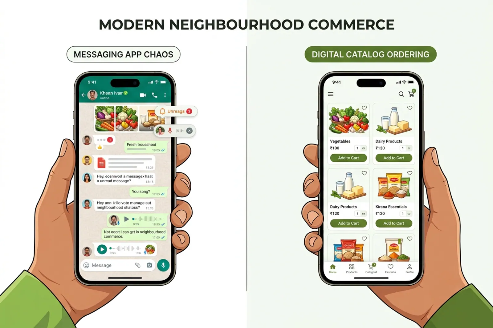 Comparison between messy chat threads and a structured online flower shop catalog