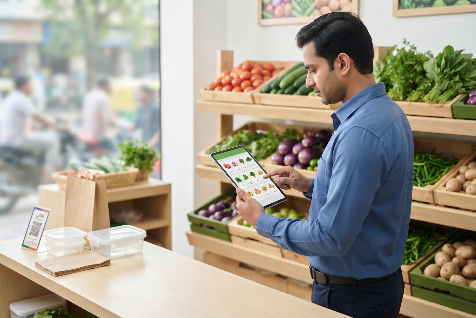 Shopkeeper organising fresh vegetables in clean baskets inside a neighbourhood store