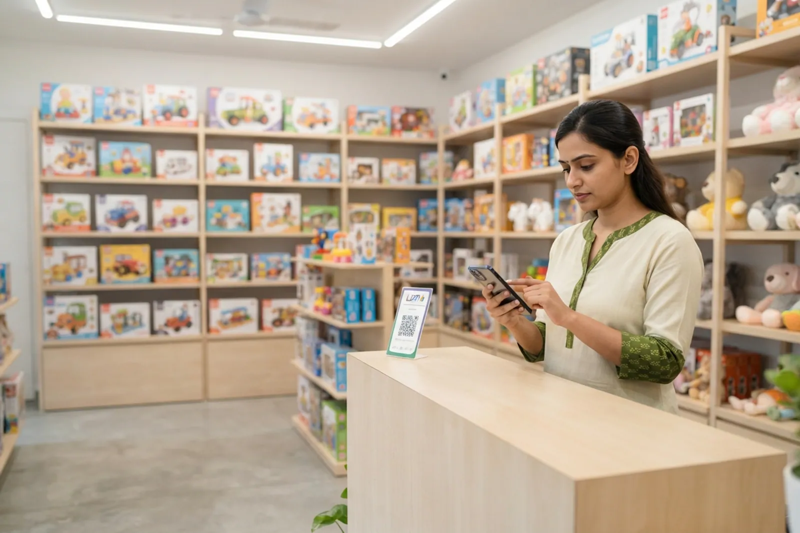 Shopkeeper updating online toy store catalog on a smartphone in a neat neighborhood retail shop