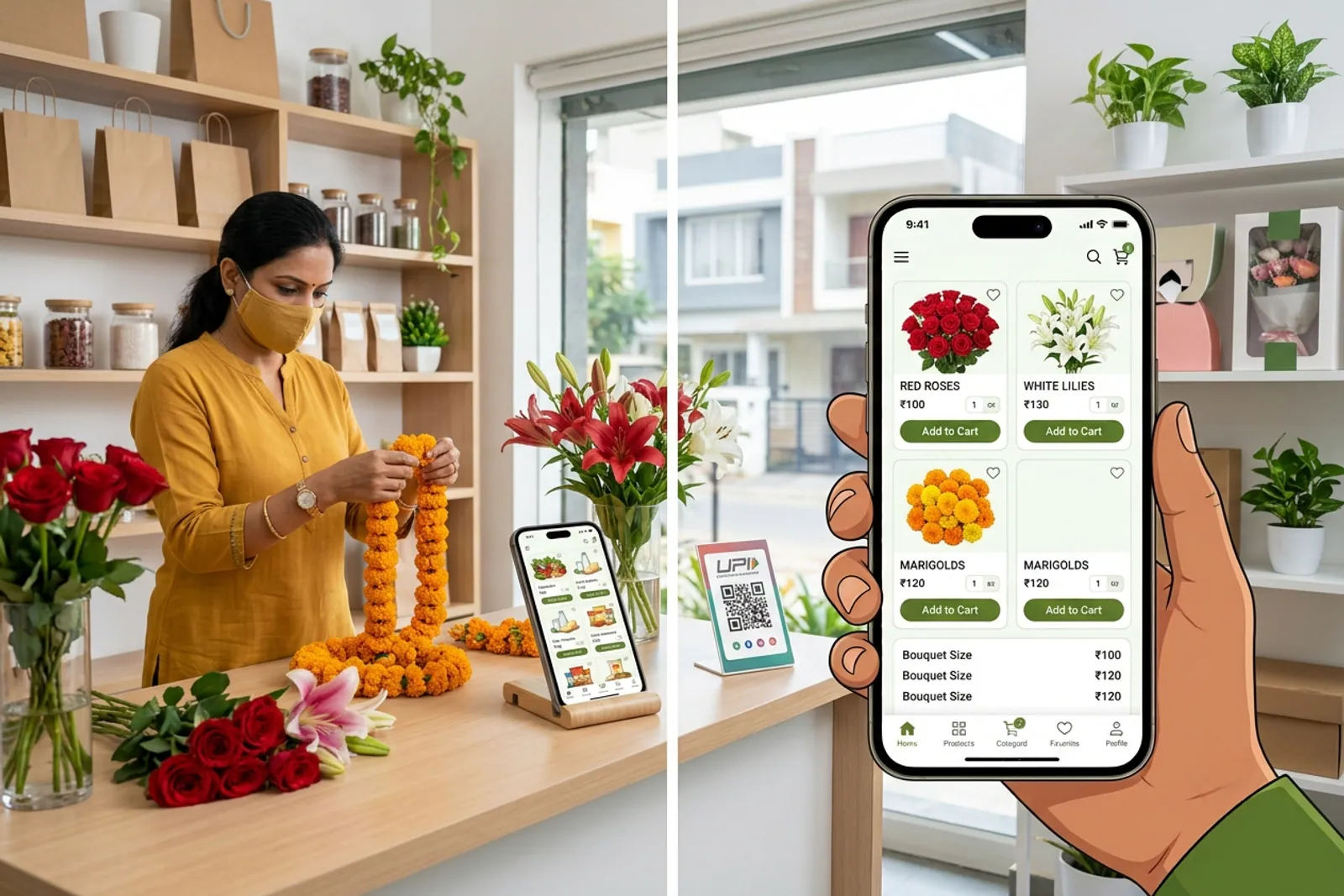 Florist organizing fresh flower listings on a mobile device