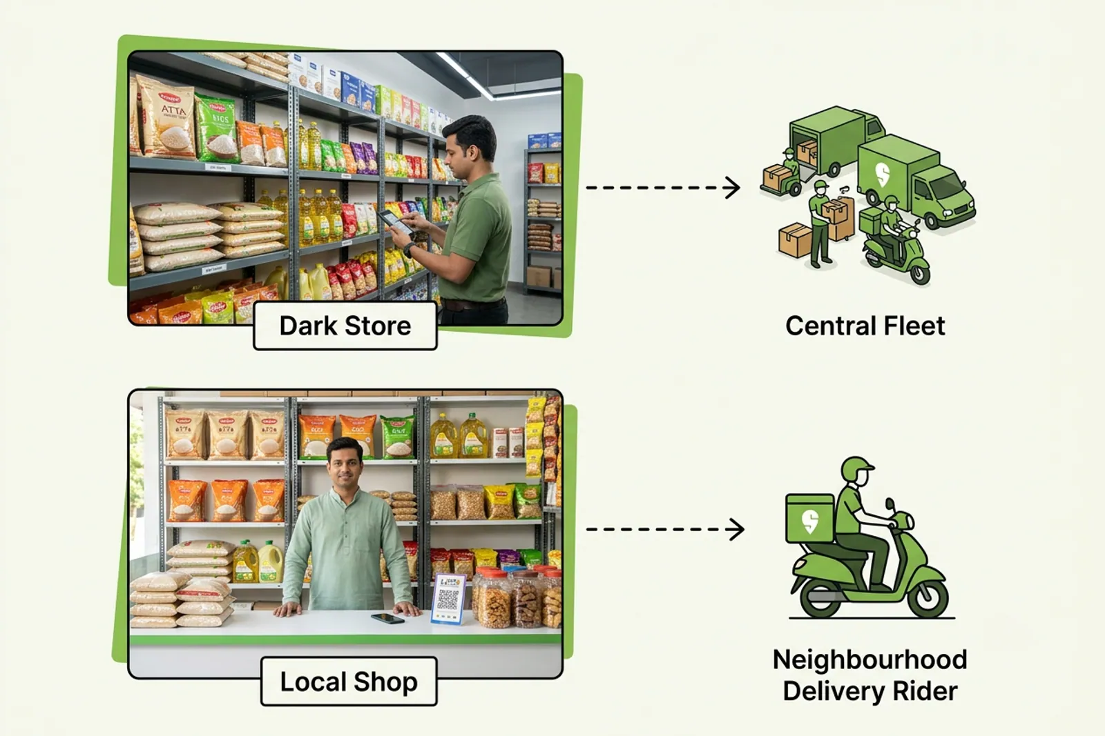Process diagram comparing Swiggy Instamart dark store fulfilment with VoLoMart neighbourhood shop delivery