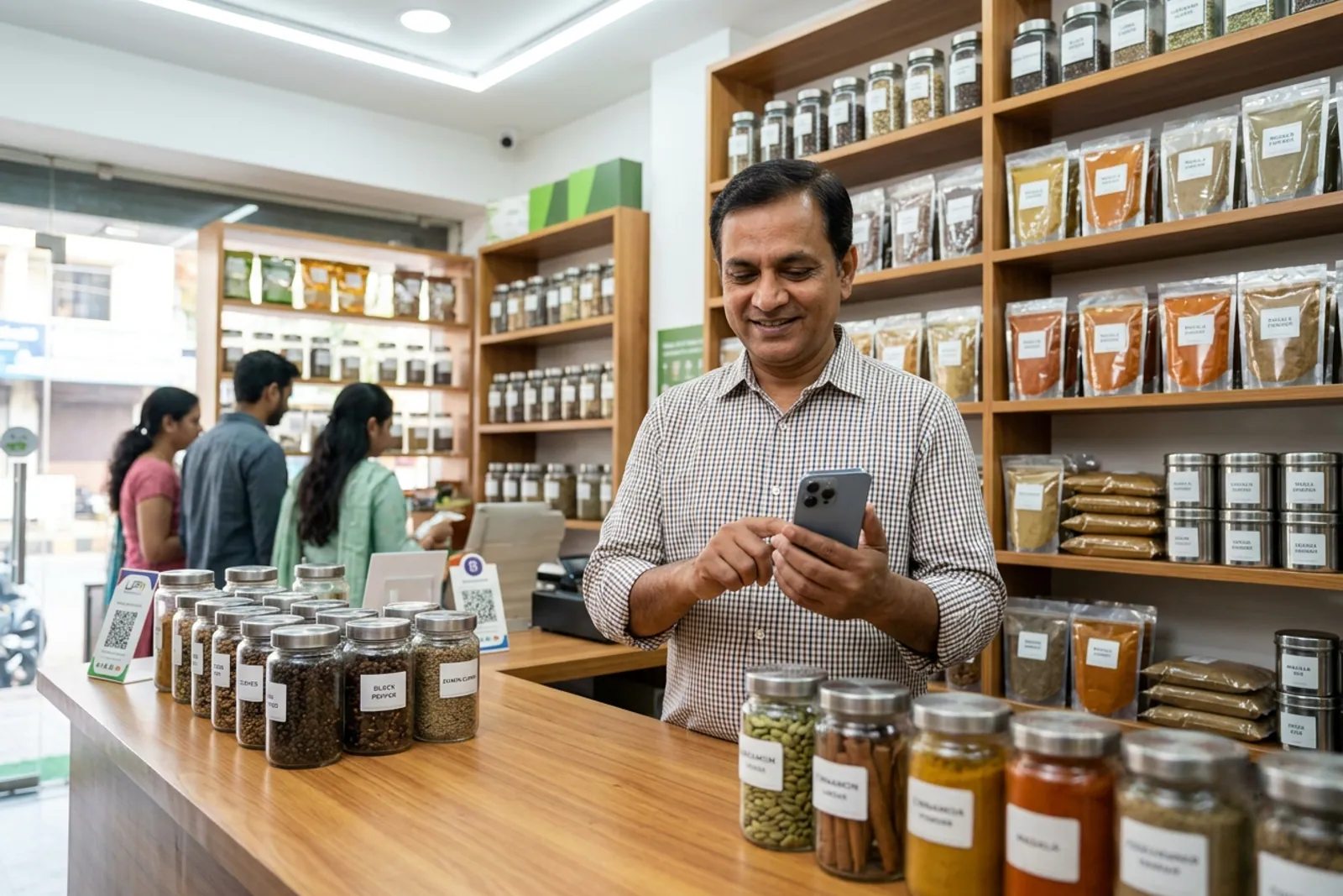 Local shopkeeper managing digital catalogue on mobile phone inside a neighbourhood store