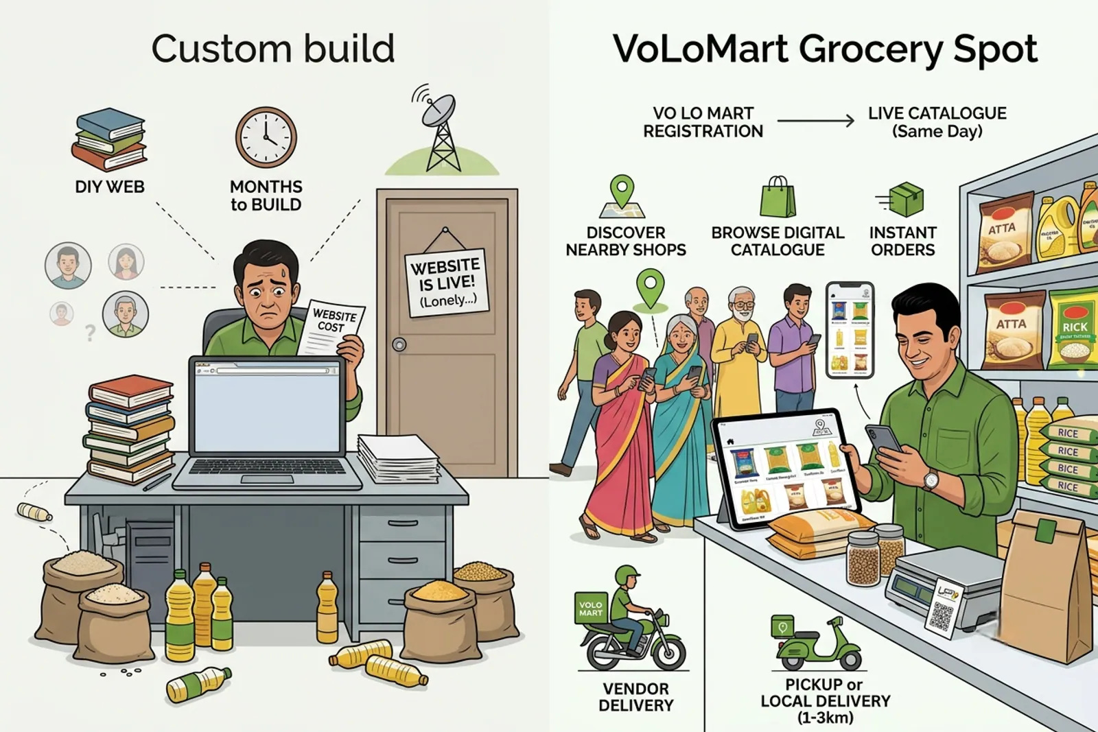 Comparison graphic showing messy chat threads versus organised digital marketplace orders
