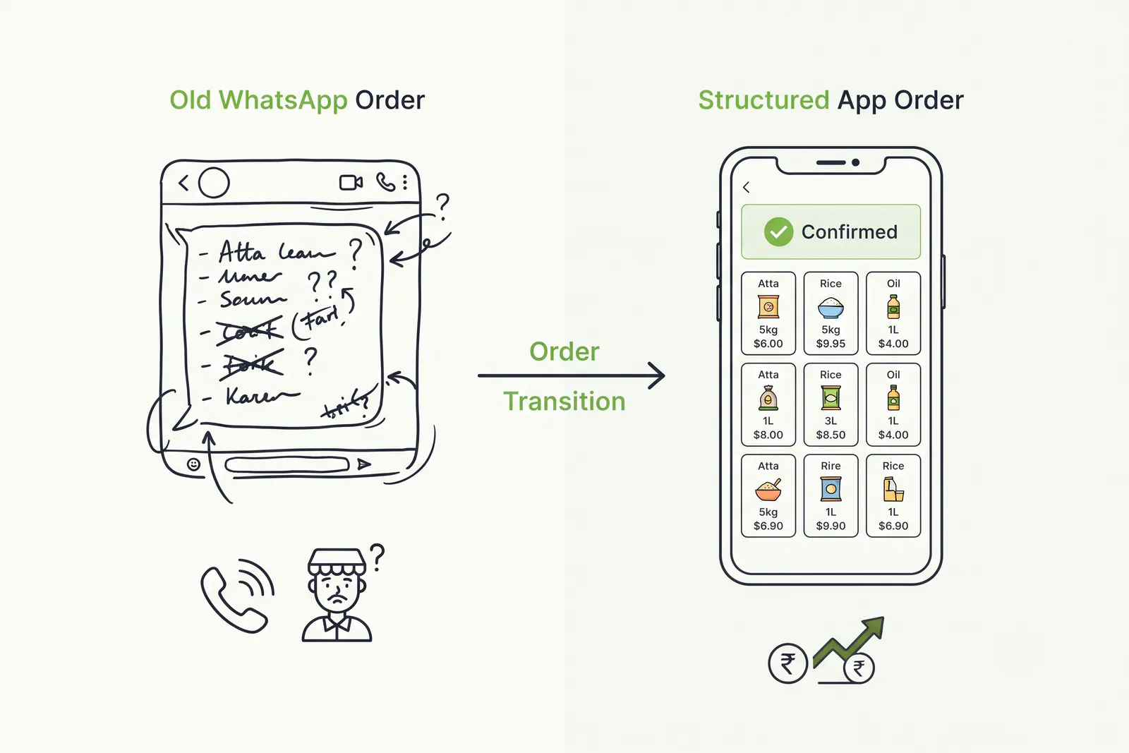 Process diagram comparing messy manual WhatsApp kirana orders with structured app ordering