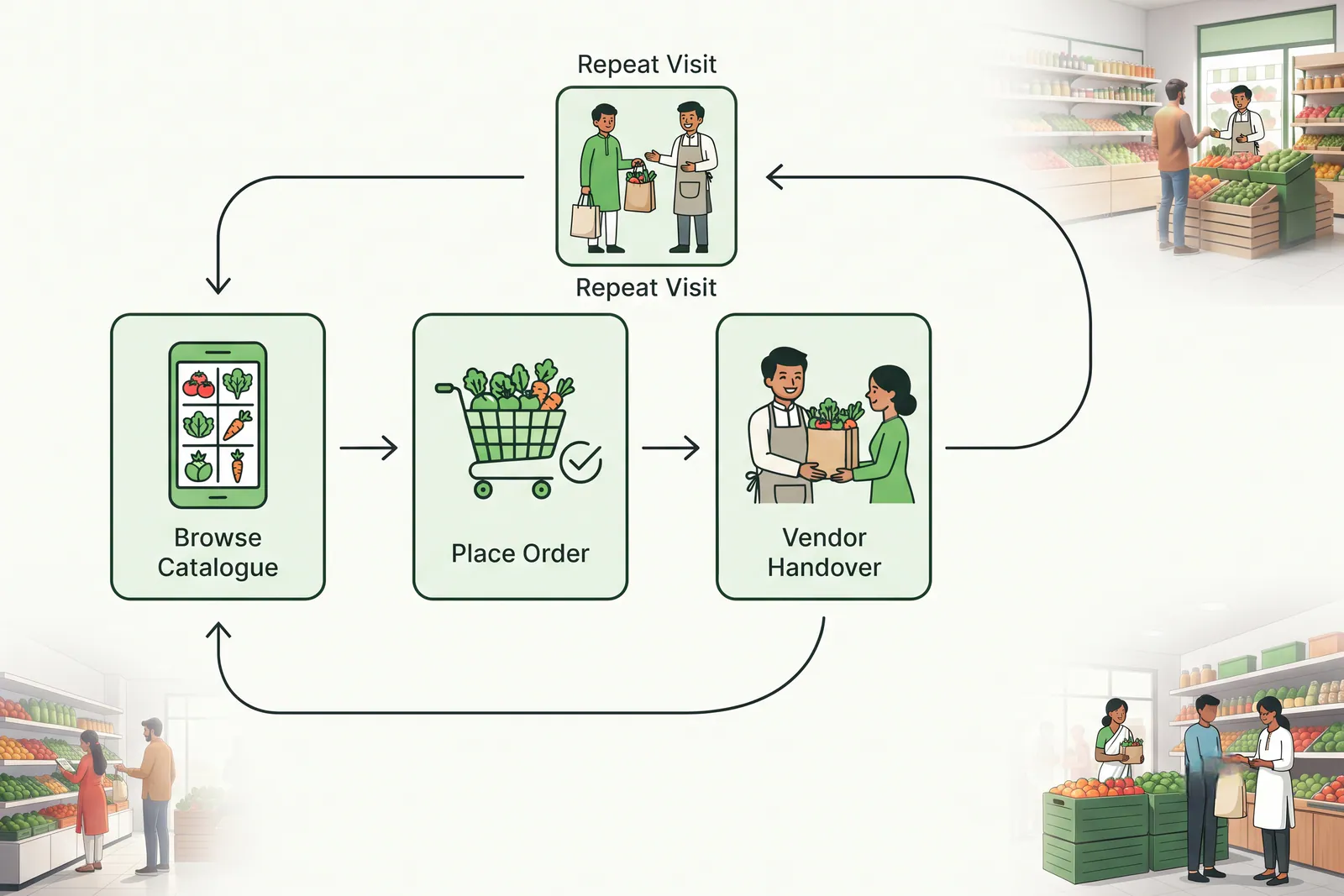 Process diagram showing how customers browse, order, and reorder vegetables