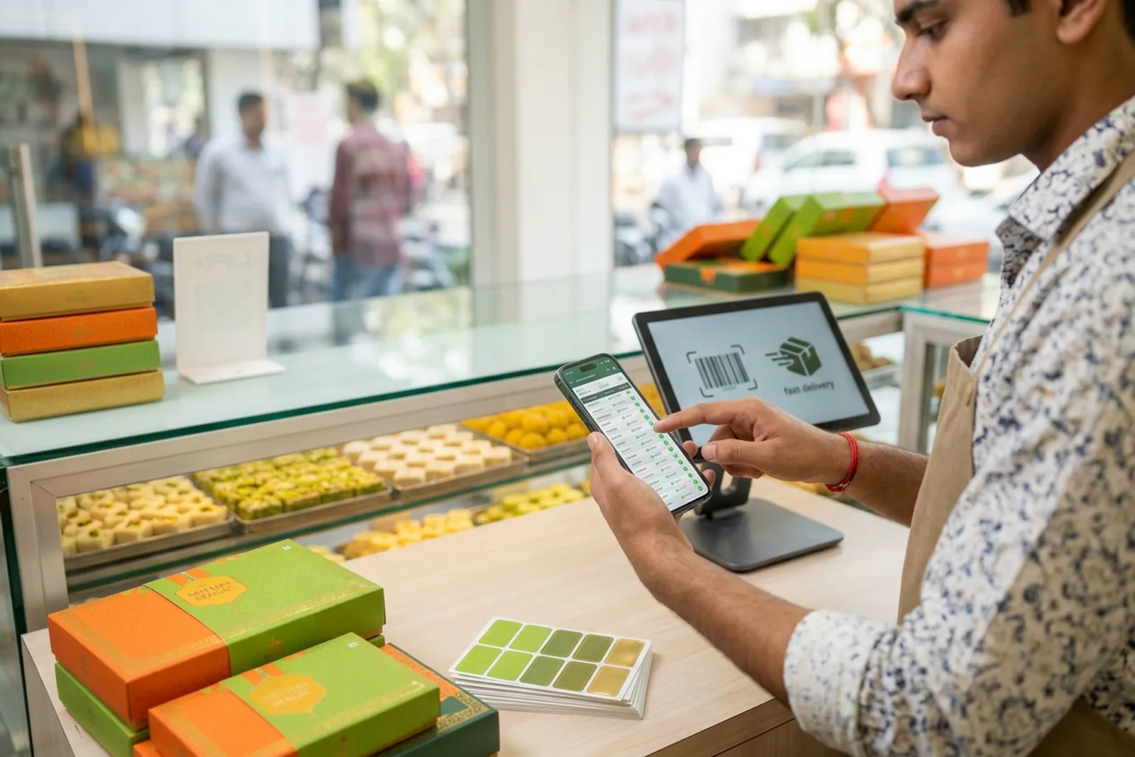 Confectioner reviewing digital orders at a modern sweet shop counter
