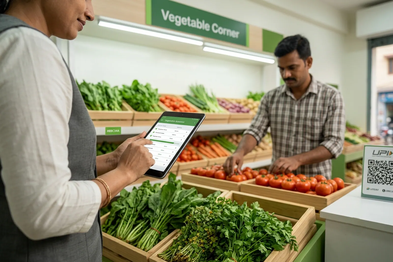 Vegetable store owner organising fresh greens for a digital catalogue to get more customers for vegetable shop