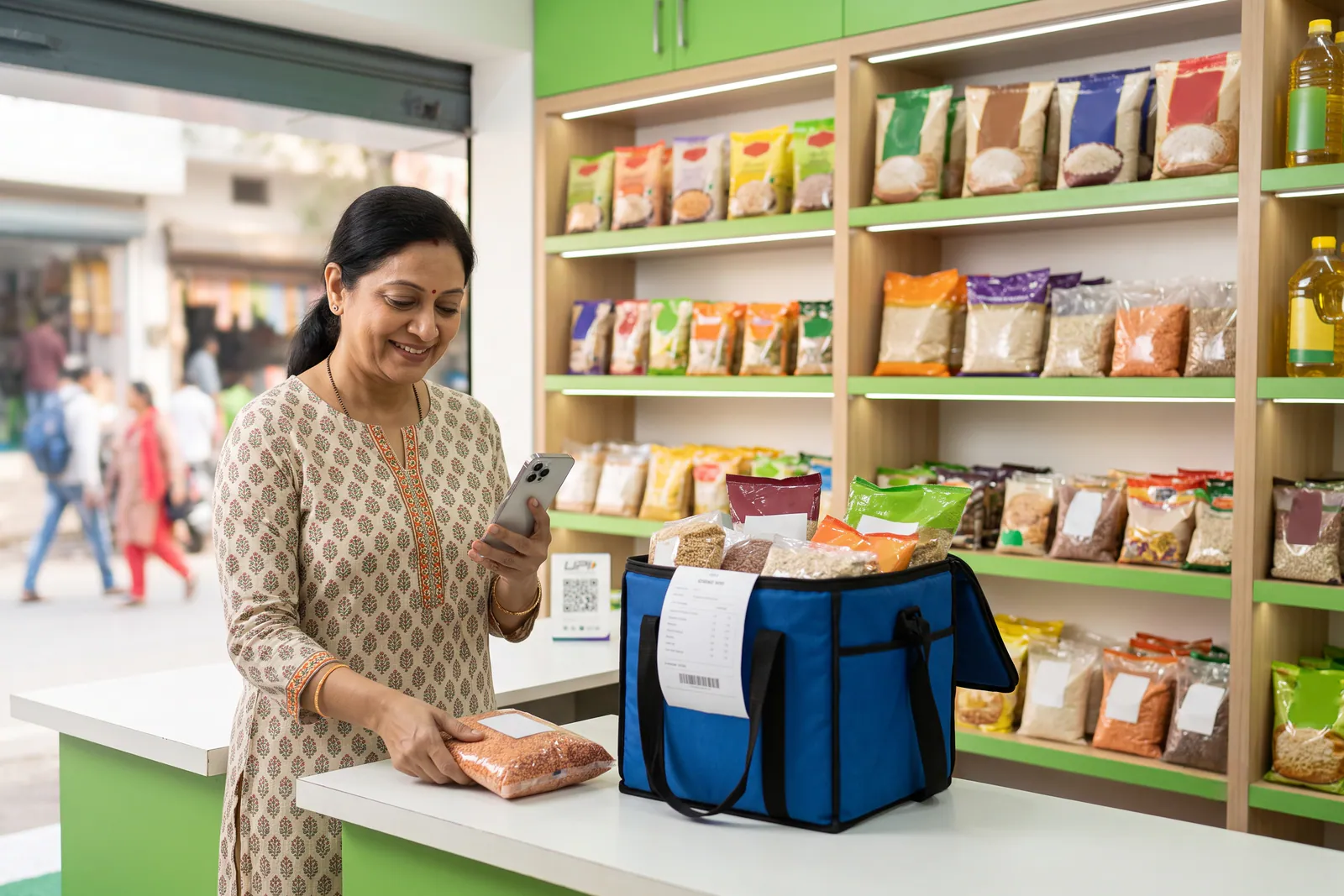 Local shop helper packing a grocery order for neighbourhood delivery