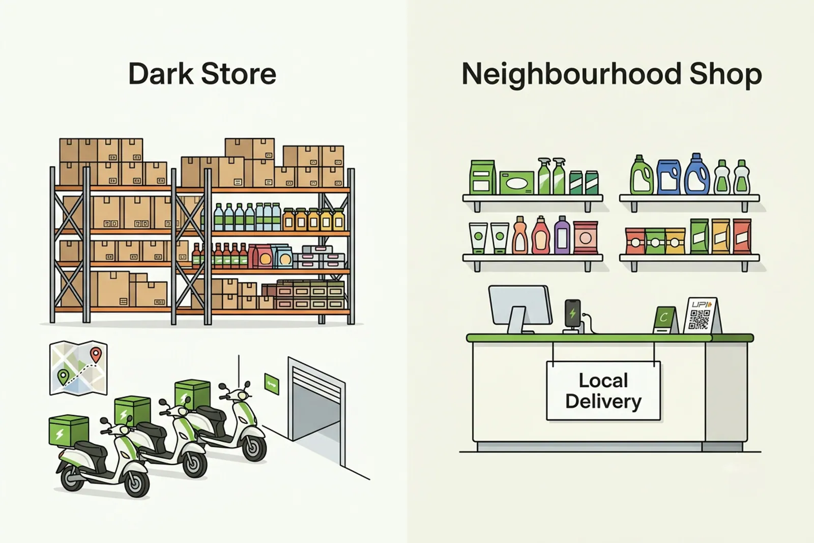 Comparison graphic of dark store micro-warehouse versus neighbourhood shop counter